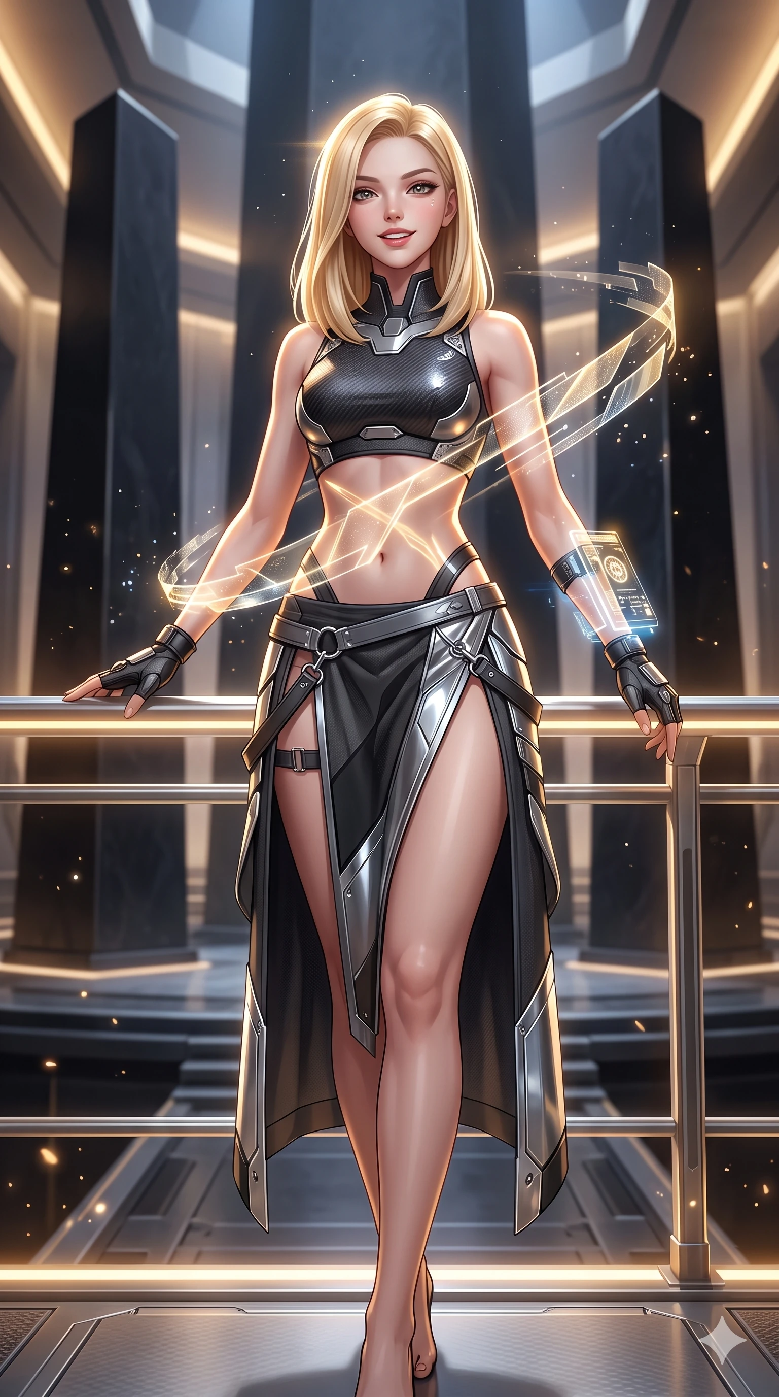 score_9, masterpiece, best quality, ultra-detailed, high-budget anime keyframe, semi-realistic 3D game render, editorial fashion photography, tasteful artistic composition, Korean woman. low angle full-body shot from head to toe showing her feet, filling the entire 9:16 vertical frame with her statuesque presence, stretching her vertical silhouette. standing in a tall, confident posture with one hand on a glowing metal railing, stretching her statuesque body as she arches her lower back to emphasize her sculpted feminine hips and slender waist while twisting her slender torso in an alluring S-curve, crystalline holographic data beams painting sharp gold and platinum light ribbons across her flat midriff and hourglass curves. The background shows a soft-focus soaring minimalist black stone monoliths and recessed lighting strips softened in prestigious sci-fi senate shallow focus. She has an absolutely perfect, statuesque 8.5-heads proportion, an exceptionally tall and slender model-like female figure with impossibly long slender legs, an ultra-slim waist, a flat toned midriff, narrow delicate ribcage, and beautifully sculpted feminine hips creating a graceful, slim hourglass silhouette without any bulky heaviness. sharp v-shaped jawline, high-bridge nose, intricate jewel-like sparkling eyes with depth, thick eyelashes, glossy parted lips with a natural sheen, bright confident smile with an enchanting and coquettish sensual glint, exuding both youthful magnetic charm and sovereign high-tech allure, flawlessly proportioned anatomical accuracy, strict slender model proportions, natural body alignment, perfectly sculpted long slender limbs, ultra-slim waistline, clean dynamic posture without body distortion. wearing a cyber-samurai tactical suit featuring a shortened carbon chestplate and high-slit armored wrap skirt in charcoal grey and polished chrome, adorned with delicate chrome ring hardware and cutouts along her slender waist, complemented by fingerless armored tactical gloves and a glowing holographic wrist terminal, the precision-cut side openings and low-back scoop framing her graceful spine and the sensual sweep of her slim, toned hips. bathed in the prestigious warm 2800K glow of recessed golden cove lighting mixed with crisp cold white crystal data projections. highly saturated vibrant anime colors, detailed shading with soft gradients, rich glossy textures, high-contrast stereoscopic depth, volumetric dynamic lighting, master piece, 9:16 ratio