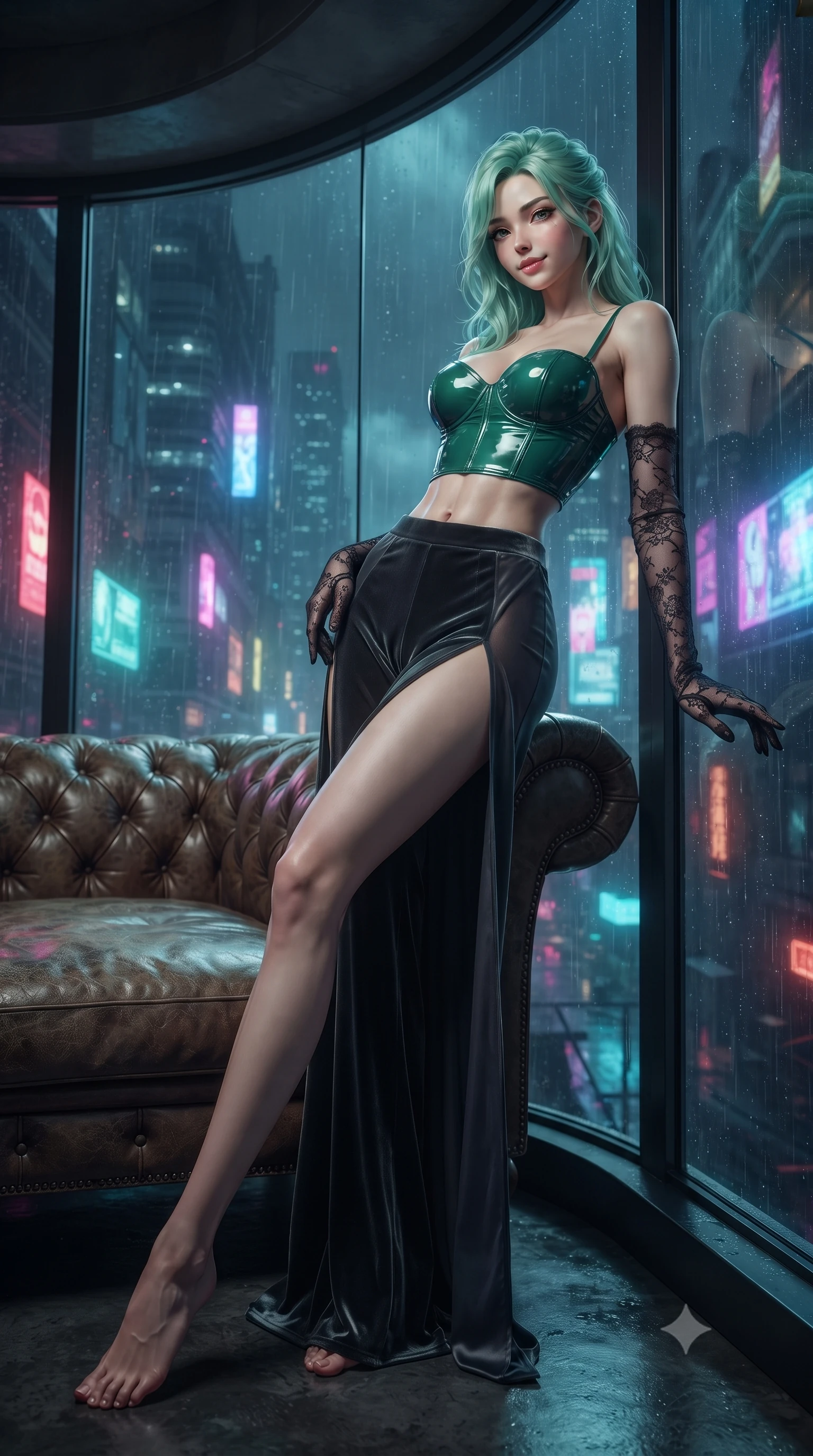 score_9, masterpiece, best quality, ultra-detailed, high-budget anime keyframe, editorial fashion photography, tasteful artistic composition, Japanese woman. low angle full-body shot from head to toe showing her feet, filling the entire 9:16 vertical frame with her statuesque presence, stretching her vertical silhouette. lounging on the lavish daybed with legs crossed and hips angled toward the camera, displaying her toned midriff and long slender limbs with effortless siren poise while leaning against the massive curving floor-to-ceiling glass window with hips cocked back, looking through night rain at the neon abyss below. The background shows a soft-focus distressed leather sofa tufting softened in moody neo-noir shallow focus. She has an absolutely perfect, statuesque 8.5-heads proportion, an exceptionally tall and slender model-like female figure with impossibly long slender legs, an ultra-slim waist, a flat toned midriff, narrow delicate ribcage, and beautifully sculpted feminine hips creating a graceful, slim hourglass silhouette without any bulky heaviness. sharp v-shaped jawline, high-bridge nose, sparkling eyes with hypnotic seductive depth, thick curled eyelashes, glossy parted lips with a natural dewy peach sheen, alluring bedroom-eyes with an enchanting coquettish smile, exuding magnetic siren charisma and sophisticated glamour, flawlessly proportioned anatomical accuracy, strict slender model proportions, natural body alignment, perfectly sculpted long slender limbs, ultra-slim waistline, clean dynamic posture without body distortion. wearing a wet-look form-fitting vinyl bustier paired with sheer chiffon high-slit wide-leg trousers in iridescent emerald satin and dark charcoal velvet, crafted from fluid liquid silk satin that clings smoothly to every curve with a dewy sheen, complemented by sheer opera-length lace evening gloves tracing her slender arms, the precision-cut side openings and low-back scoop framing her graceful spine and the sensual sweep of her slim, toned hips. bathed in moody chiaroscuro lighting spilling from glowing holographic displays and exterior city neon. ultra-reflective glossy finish, specular highlights, rich textural contrasts, high-contrast stereoscopic depth, volumetric dynamic lighting, 2k, ultra detail, master piece, 9:16 ratio