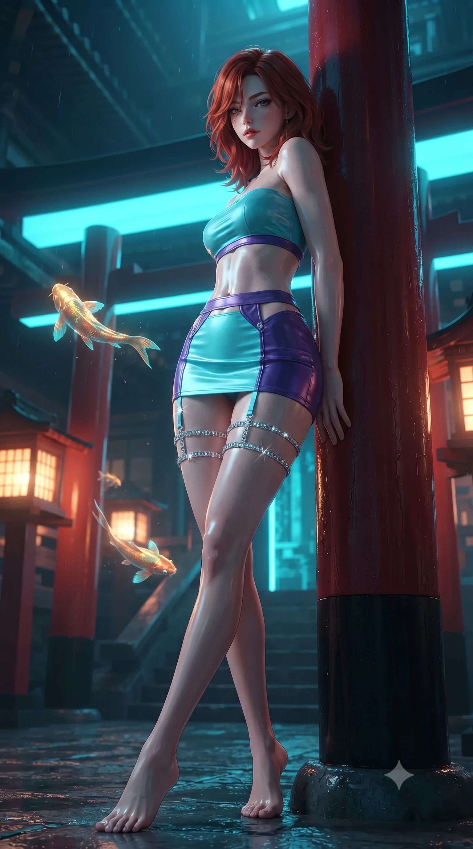 score_9, masterpiece, best quality, ultra-detailed, high-budget anime keyframe, editorial fashion photography, tasteful artistic composition, Korean woman. low angle full-body shot from head to toe showing her feet, filling the entire 9:16 vertical frame with her statuesque presence, stretching her vertical silhouette. executing a slow, graceful pivot turn as her skirt sways around her slender legs, glancing back with an enchanting, teasing sensual expression while leaning against the wet lacquer shrine pillar with hips cocked back, gazing at swimming holographic gold koi fish with smoldering bedroom-eyes. The surrounding environment is rendered in vivid detail and crisp panoramic clarity: detailed outfit drape, high-gloss patent sheen, and sacred futuristic temple architecture in high resolution. She has an exceptionally tall and slender model-like 8.5-heads proportion, an ultra-slim waist, a flat toned midriff, narrow delicate ribcage, and beautifully sculpted feminine hips creating a graceful, slim hourglass silhouette without any bulky heaviness, with impossibly long slender legs. sharp v-shaped jawline, high-bridge nose, intricate jewel-like sparkling eyes with depth, thick eyelashes, glossy parted lips with a natural peach sheen, bright cheerful beaming smile with an enchanting and coquettish sensual glint, exuding both youthful cute charm and seductive allure, flawlessly proportioned anatomical accuracy, strict slender model proportions, natural body alignment, perfectly sculpted long slender limbs, ultra-slim waistline, clean dynamic posture without body distortion. wearing an ultra-cropped tech-wear bandeau top paired with a micro mini skirt revealing her flat toned midriff in Cheonggyecheon neon aqua and ultraviolet amethyst, woven from buttery-soft stretch lambskin leather adhering to her body like a second skin, finished with delicate crystal-encrusted thigh garter straps glinting in the dim light, the second-skin tailored fabric adhering flawlessly to her sculpted flat midriff and slender torso, emphasizing her long leg lines and perfectly proportioned willowy build. bathed in pulsing electric-cyan Torii neon combined with warm 2400K sacred oil lantern flames. ultra-reflective glossy finish, specular highlights, rich textural contrasts, high-contrast stereoscopic depth, volumetric dynamic lighting, 2k, ultra detail, master piece, 9:16 ratio