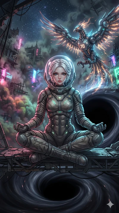 score_9, masterpiece, best quality, ultra-detailed, Set A: High-budget Anime Keyframe, Korean woman. Low angle cowboy shot filling the entire 9:16 frame with her statuesque presence. Theme: Urban Decay. meditating in the edge of a black hole, while a