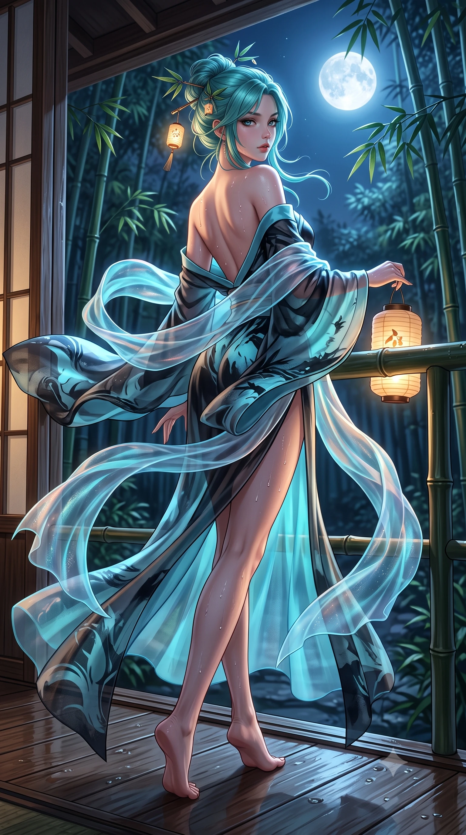 score_9, masterpiece, best quality, ultra-detailed, high-budget anime keyframe, semi-realistic 3D game render, editorial fashion photography, tasteful artistic composition, Japanese woman. low angle full-body shot from head to toe showing her feet, filling the entire 9:16 vertical frame with her statuesque presence, stretching her vertical silhouette. executing an elegant mid-motion pivot turn as garments swirl around her slender limbs, glancing over her shoulder with an intoxicating bedroom-gaze while leaning forward over the dark bamboo veranda railing with lower back arched, looking over her bare shoulder into the moonlit bamboo grove. The surrounding environment is rendered in vivid detail and crisp panoramic clarity. sharp wet hinoki wood grain, distinct water droplet tracks on skin, and bamboo leaf venation in deep focus. She has an absolutely perfect, statuesque 8.5-heads proportion, an exceptionally tall and slender model-like female figure with impossibly long slender legs, a toned flat midriff, an ultra-slim waist, and beautifully sculpted feminine hips. sharp v-shaped jawline, high-bridge nose, intricate jewel-like eyes with depth, thick eyelashes, glossy parted lips with a natural sheen, intensely captivating and seductive bedroom-eyes expression, flawlessly proportioned anatomical accuracy, strict slender model proportions, natural body alignment, perfectly sculpted long slender limbs, ultra-slim waistline, clean dynamic posture without body distortion. wearing a backless off-shoulder silk kimono gown with fluttering drapes and an ultra-high side slit in dark ink-wash black and radiant moonlight cyan, crafted from weightless prism organza that refracts light with every motion, complemented by delicate bamboo leaf hairpins and glowing paper lantern charms, the precision-cut side openings and low-back scoop framing her graceful spine and the sensual sweep of her hips. surrounded by a tranquil, poetic, and deeply sensual Japanese ryokan muse aura. highly saturated vibrant anime colors, detailed shading with soft gradients, rich glossy textures, high-contrast stereoscopic depth, volumetric dynamic lighting, master piece, 9:16 ratio