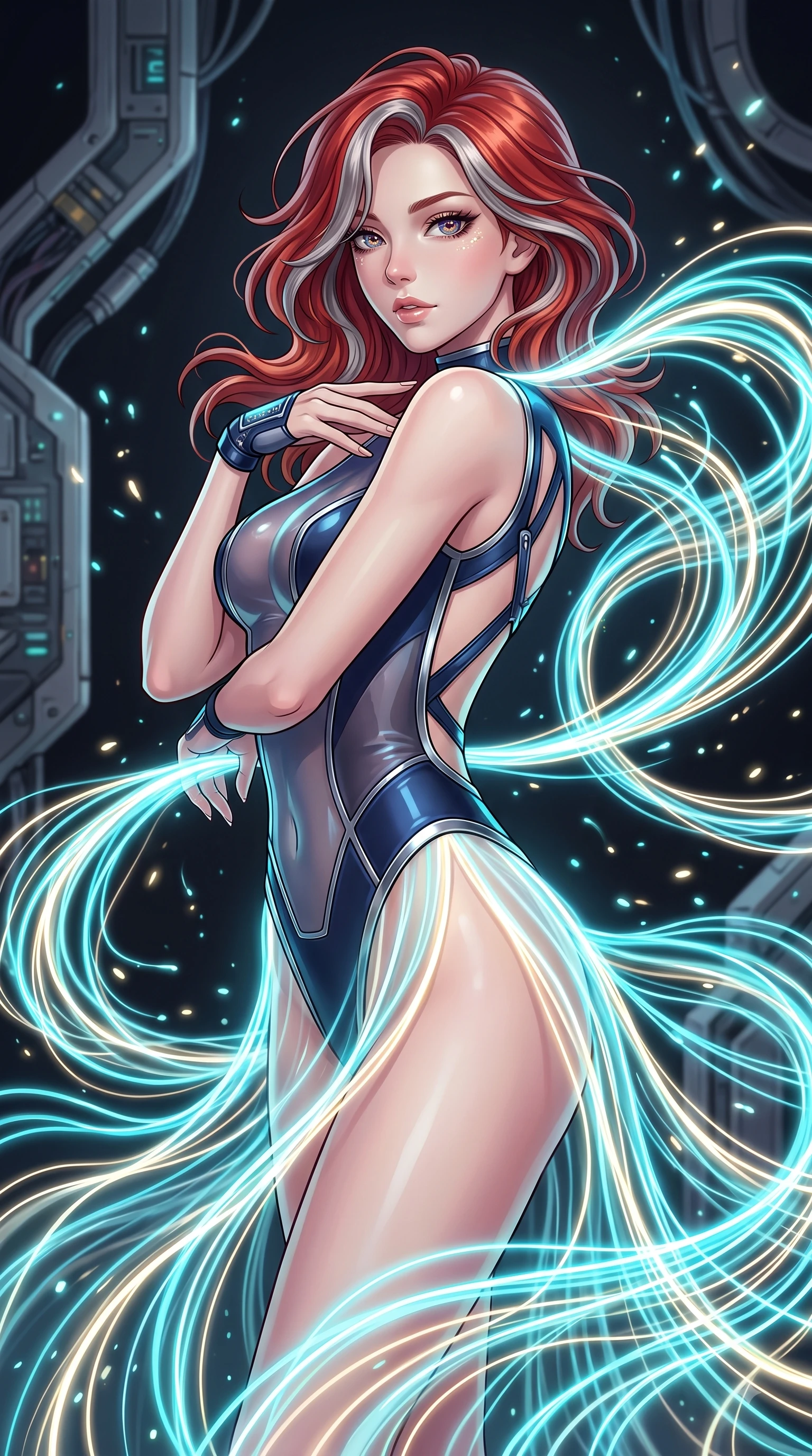 score_9, masterpiece, best quality, ultra-detailed, high-budget anime keyframe, editorial fashion photography, tasteful artistic composition, Caucasian woman. close-up cowboy shot from the waist and thighs up, the character dominates the composition, filling the frame with her large presence, background elements kept in soft focus. Pivoting her torso in an alluring S-curve alignment, one hand gently tracing her collarbone with poise while weaving a shimmering dress of light threads that flow around her figure in zero-gravity, glowing fiber optic motes drifting like fireflies in the dark background. She has an exceptionally elegant, slender, and willowy female figure with an ultra-slim waist, a gracefully sculpted slender torso, and a refined silhouette. sharp v-shaped jawline, high-bridge nose, intricate jewel-like eyes with depth, thick eyelashes, glossy lips with a natural sheen, flawlessly proportioned anatomical accuracy, natural body alignment, perfectly sculpted elegant limbs, clean dynamic posture without body distortion. wearing a high-cut translucent vinyl leotard with front paneling and open back in midnight navy blue and chrome trim, formed from sleek second-skin neoprene, finished with a sleek side slit ascending to mid-thigh, the sleek second-skin texture accentuating her magnetic presence. illuminated by the brilliant glow of cyan and gold luminescent plasma threads. highly saturated vibrant anime colors, detailed shading with soft gradients, rich glossy textures, high-contrast stereoscopic depth, volumetric dynamic lighting, master piece, 9:16 ratio