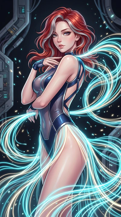 score_9, masterpiece, best quality, ultra-detailed, high-budget anime keyframe, editorial fashion photography, tasteful artistic composition, Caucasian woman. close-up cowboy shot from the waist and thighs up, the character dominates the composition,