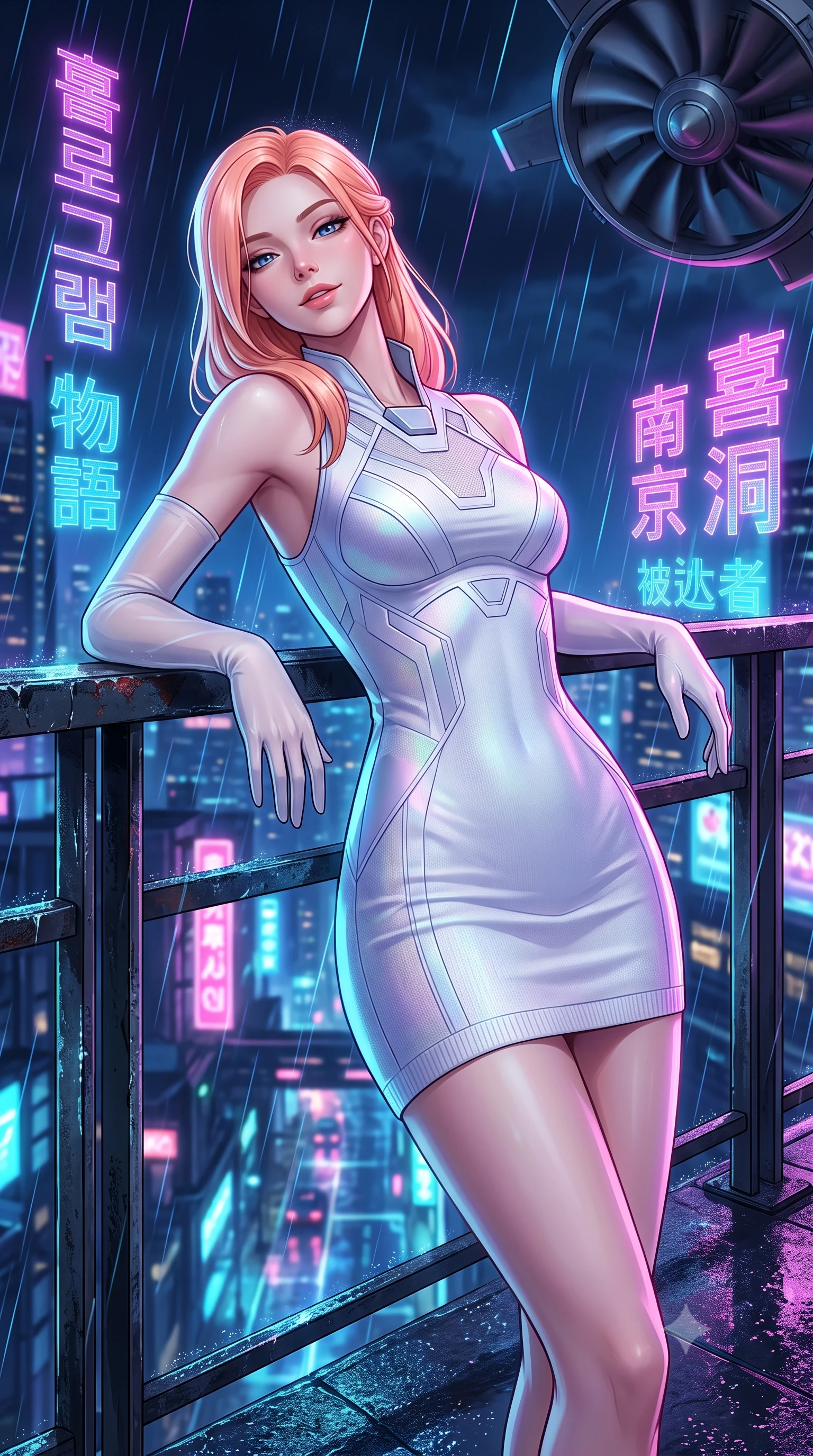 score_9, masterpiece, best quality, ultra-detailed, high-budget anime keyframe, semi-realistic 3D game render, editorial fashion photography, tasteful artistic composition, Japanese woman. close-up cowboy shot from the waist and thighs up, the character dominates the composition, filling the frame with her large presence. leaning back against the balustrade with relaxed seductive grace, head tilted back slightly while casting a hypnotic, heavy-lidded gaze while leaning against the weathered industrial parapet with hips cocked back, gazing down into the dizzying mile-deep neon canyon through laser rain with smoldering bedroom-eyes. The surrounding environment is rendered in vivid detail and crisp panoramic clarity: sharp wet carbon floor reflections, intricate holographic Japanese and Chinese calligraphy, and razor-sharp VTOL turbine blade textures in deep focus. She has an exceptionally elegant, slender, and willowy female figure with an ultra-slim waist, flat toned midriff, narrow ribcage, and sculpted feminine hips creating an alluring, slim hourglass silhouette without bulk. sharp v-shaped jawline, high-bridge nose, intricate jewel-like sparkling eyes with depth, thick eyelashes, glossy parted lips with a natural peach sheen, bright cheerful beaming smile with an enchanting and coquettish sensual glint, exuding both youthful cute charm and seductive allure, flawlessly proportioned anatomical accuracy, strict slender model proportions, natural body alignment, perfectly sculpted long slender limbs, ultra-slim waistline, clean dynamic posture without body distortion. wearing a dense bandage-knit tactical officer dress with subtle geometric chest accents contouring her delicate ribcage and feminine hips in holographic prismatic pearl and aerospace white, made of fluid liquid jersey with seamless sculpting hold and smooth contours, complemented by sheer opera-length evening gloves tracing her slender arms, the impeccably tailored cut draping gracefully along her slender figure with aristocratic poise. illuminated by wet pavement reflection bounce and sharp laser-cyan rim lights defining her jawline, narrow waist, and curvy hips. highly saturated vibrant anime colors, detailed shading with soft gradients, rich glossy textures, high-contrast stereoscopic depth, volumetric dynamic lighting, master piece, 9:16 ratio