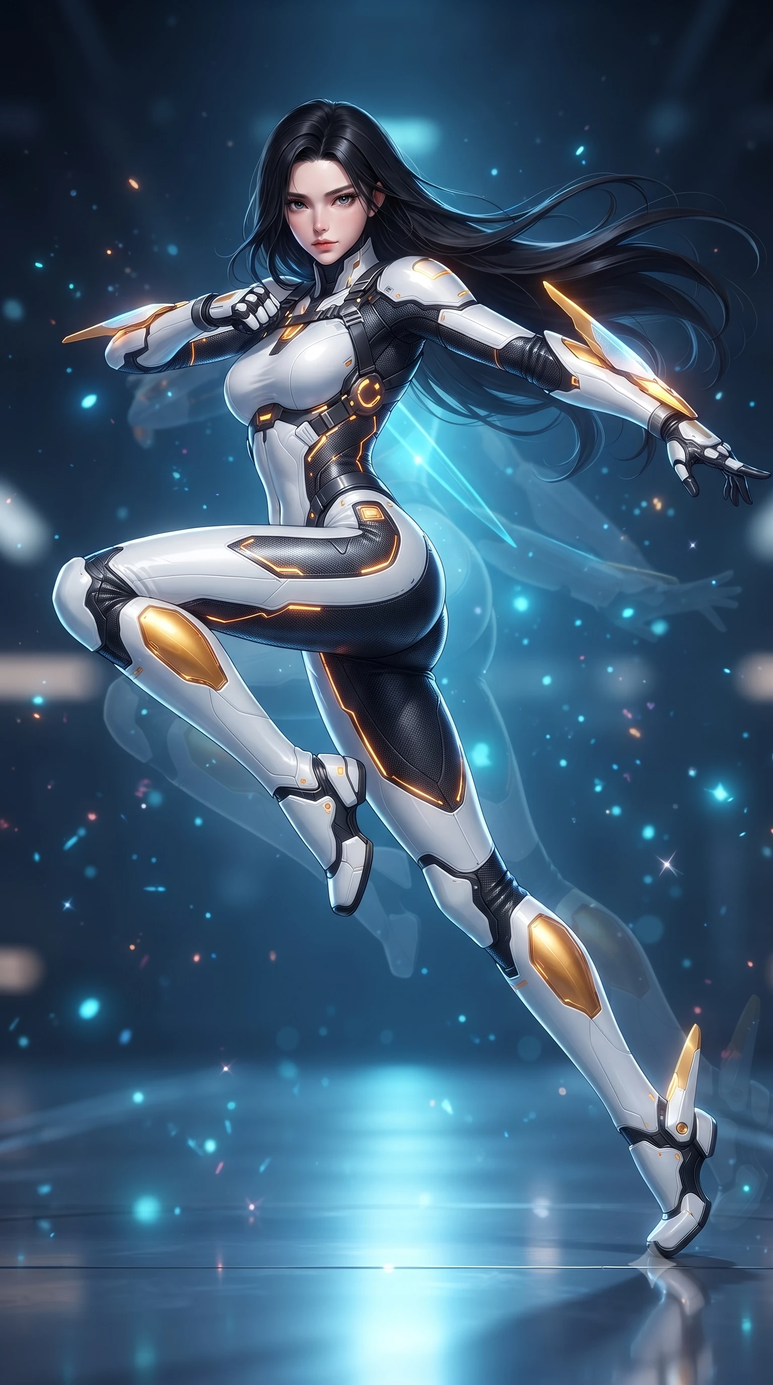 score_9, masterpiece, best quality, ultra-detailed, high-budget anime keyframe, editorial fashion photography, tasteful artistic composition, Korean woman. low angle full-body shot from head to toe showing her feet, filling the entire 9:16 vertical frame with her statuesque presence, stretching her vertical silhouette. pivoting dynamically in a high-speed low sweep kick along the reflective floor, her athletic torso and ultra-slim waist twisting in a fluid arc of power while shifting at supersonic speed across a glowing quantum grid floor, leaving translucent holographic after-images in her wake. The composition keeps background elements in soft focus with creamy bokeh. sparkling holographic data particles scattering soft glowing light motes across a deep tech backdrop. She has an absolutely perfect, statuesque 8.5-heads proportion, an exceptionally tall and slender model-like female figure with impossibly long slender legs, a toned flat midriff, and an ultra-slim waist. sharp v-shaped jawline, high-bridge nose, intricate jewel-like eyes with depth, thick eyelashes, glossy lips with a natural sheen, flawlessly proportioned anatomical accuracy, strict slender model proportions, natural body alignment, perfectly sculpted long slender limbs, ultra-slim waistline, clean dynamic posture without body distortion. wearing a high-contrast monochrome white-and-black carbon-composite exoskeleton suit with glowing amber circuitry and aerodynamic limb fins in arctic white carbon composite with radiant solar gold plating, crafted from ultra-strong woven carbon-fiber composite with a satin luster, reinforced by a sleek titanium kinetic harness and glowing micro-energy straps, the glove-like aerodynamic second-skin fit tightly clinging to her ultra-slender waist and athletic curves without adding bulk, accentuating her razor-sharp statuesque lines and slim hourglass silhouette. bathed in glowing electric sapphire and cyan data stream illumination with rich ambient blue fill. ultra-reflective glossy finish, specular highlights, dark metallic sheen, high-contrast stereoscopic depth, volumetric dynamic lighting, 2k, ultra detail, master piece, 9:16 ratio