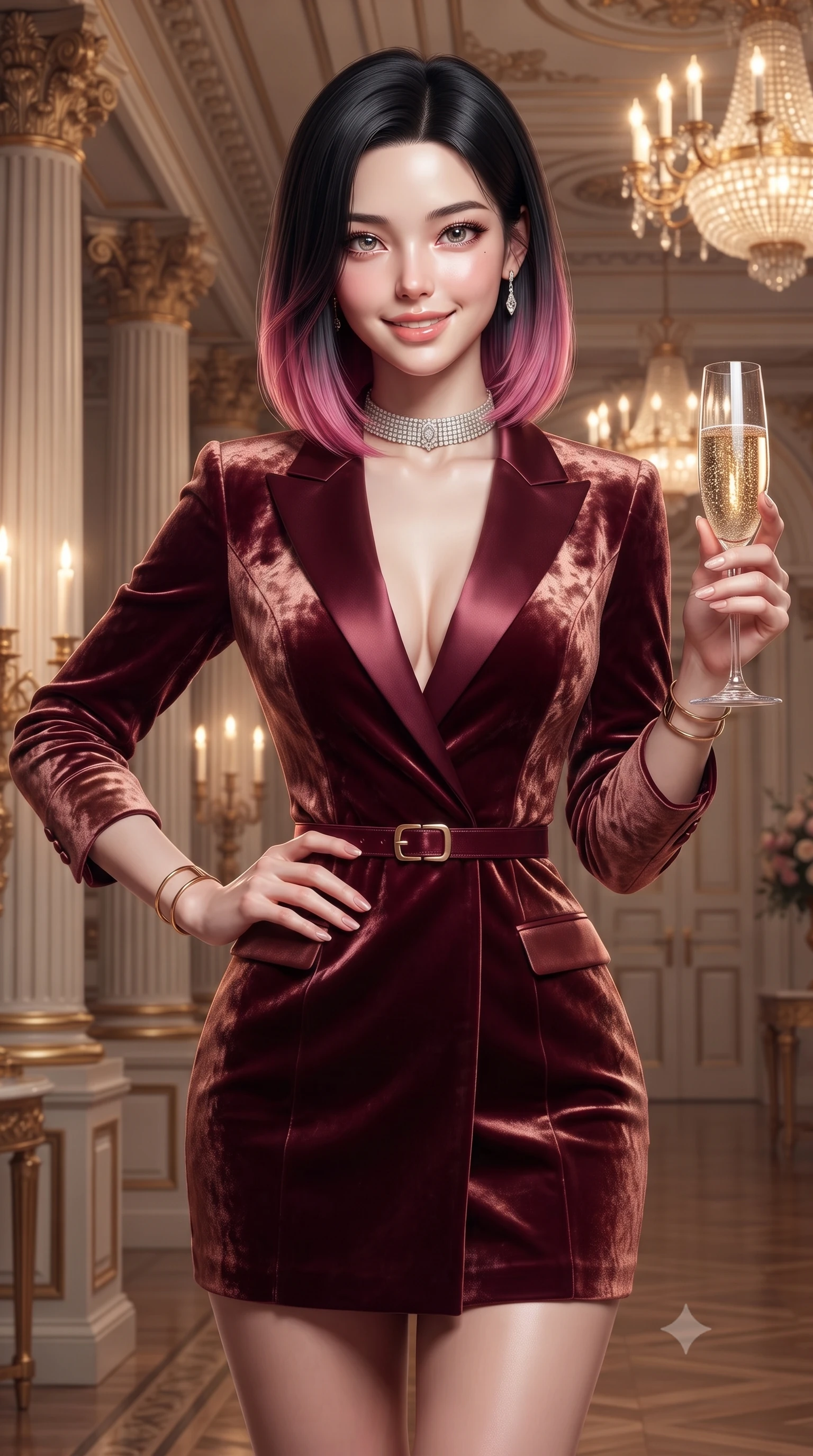 score_9, masterpiece, best quality, ultra-detailed, high-budget anime keyframe, editorial fashion photography, tasteful artistic composition, Korean woman. close-up cowboy shot from the waist and thighs up, the character dominates the composition, filling the frame with her large presence. smiling with subtle, enchanting allure and glossy parted lips, one hand resting on her waist with effortless supermodel poise while holding a crystal flute of sparkling champagne with delicate poise, her jewel-like eyes locked onto the viewer. The surrounding environment is rendered in vivid detail and crisp panoramic clarity. detailed neoclassical column fluting, palace ceiling chandeliers, and satin dress textures in high clarity. She has an exceptionally elegant, slender, and willowy female figure with an ultra-slim waist, a gracefully sculpted slender torso, toned flat midriff, and a refined slim silhouette. sharp v-shaped jawline, high-bridge nose, intricate jewel-like eyes with depth, thick eyelashes, glossy lips with a natural sheen, captivating and magnetic expression, flawlessly proportioned anatomical accuracy, strict slender model proportions, natural body alignment, perfectly sculpted long slender limbs, ultra-slim waistline, clean dynamic posture without body distortion. wearing a tailored royal white tuxedo jacket dress with silk satin lapels and a slim gold-buckle belt in rich wine burgundy and liquid bronze, crafted from heavyweight crushed silk velvet with liquid luster, accessorized with a bold diamond choker and minimalist gold cuffs, the sleek tailored cut tightly hugging her graceful clavicle, narrow waist, and feminine curves with statuesque precision. bathed in warm glowing candlelight and radiant gold chandelier downlights. ultra-reflective glossy finish, specular highlights, rich textural contrasts, high-contrast stereoscopic depth, volumetric dynamic lighting, 2k, ultra detail, master piece, 9:16 ratio