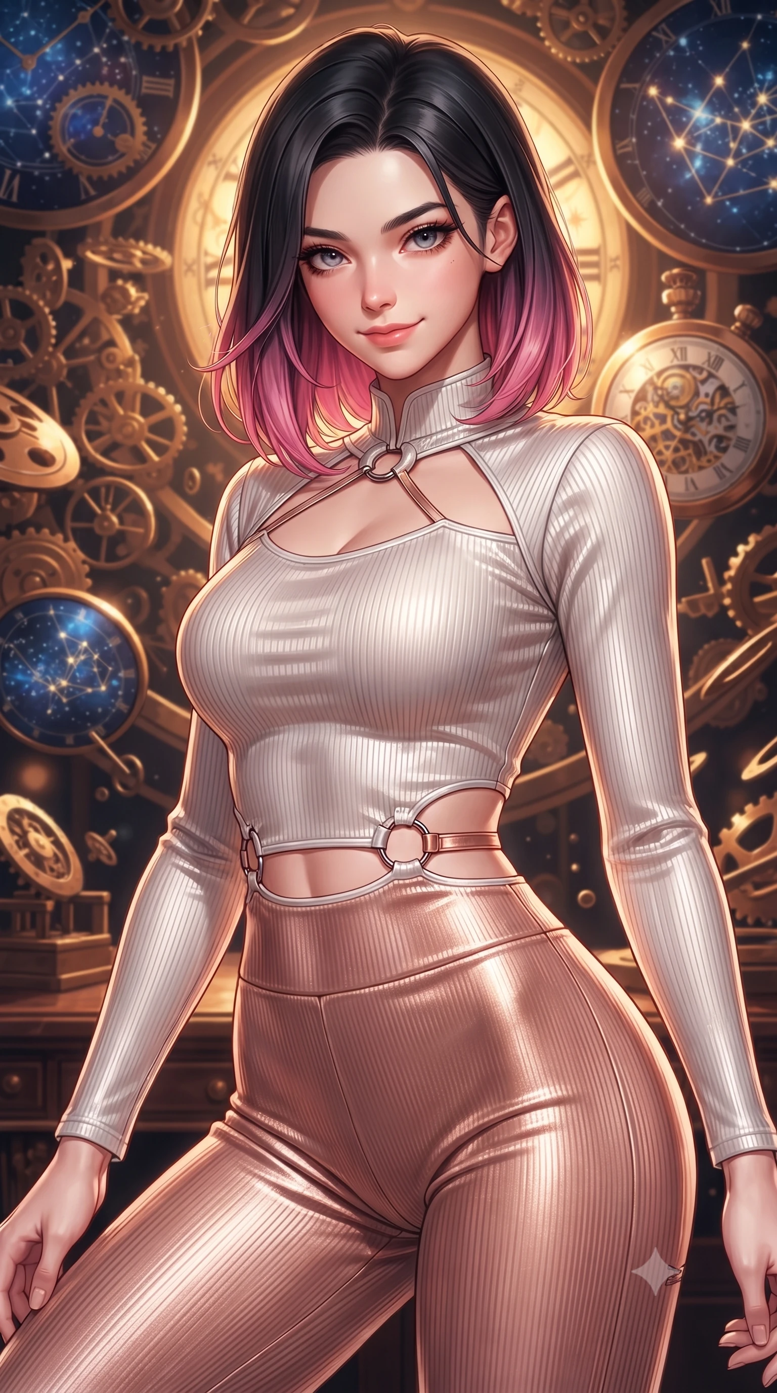 score_9, masterpiece, best quality, ultra-detailed, high-budget anime keyframe, editorial fashion photography, tasteful artistic composition, Korean woman. close-up cowboy shot from the waist and thighs up, the character dominates the composition, filling the frame with her large presence, background elements kept in soft focus. Smiling with quiet, magnetic self-assurance directly into the lens navigating a blizzard of floating analog gear parts and glowing star maps, rich mahogany and polished bronze textures reflecting warm hearth light. She has an exceptionally elegant, slender, and willowy female figure with an ultra-slim waist, a gracefully sculpted slender torso, and a refined silhouette. sharp v-shaped jawline, high-bridge nose, intricate jewel-like eyes with depth, thick eyelashes, glossy lips with a natural sheen. wearing a form-fitting ribbed activewear set with collar cutouts in pearl white and rose gold, made of premium stretch velvet with a rich sheen, accented with delicate chrome ring hardware framing her waist, the tailored fabric tightly following every curve of her athletic build. illuminated by a brilliant golden hour glow filtering through clockwork dials. highly saturated vibrant anime colors, detailed shading with soft gradients, rich glossy textures, high-contrast stereoscopic depth, volumetric dynamic lighting, master piece, 9:16 ratio