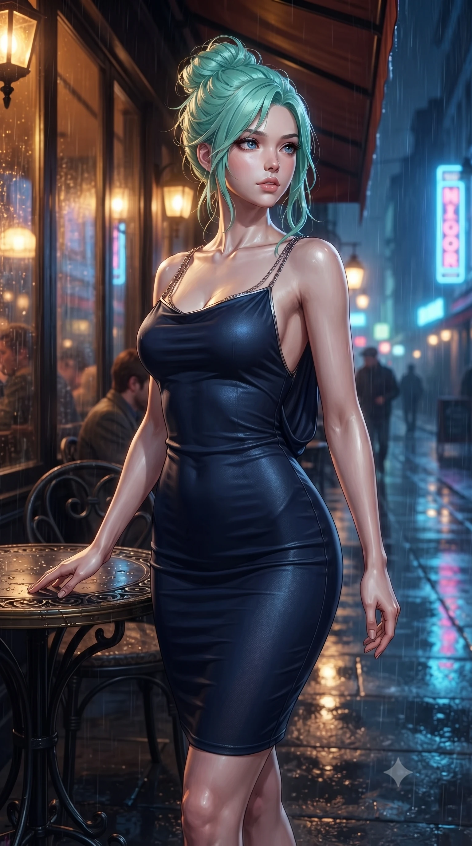 score_9, masterpiece, best quality, ultra-detailed, high-budget anime keyframe, editorial fashion photography, tasteful artistic composition, Japanese woman. close-up cowboy shot from the waist and thighs up, the character dominates the composition, filling the frame with her large presence, background elements kept in soft focus. Gazing past the camera with an air of effortless elegance and mysterious confidence resting on a covered outdoor café terrace as rain drops create ripples nearby, wet asphalt surfaces casting glossy specular highlights from surrounding signs. She has an exceptionally elegant, slender, and willowy female figure with an ultra-slim waist, a gracefully sculpted slender torso, and a refined silhouette. sharp v-shaped jawline, high-bridge nose, intricate jewel-like eyes with depth, thick eyelashes, glossy lips with a natural sheen. wearing a precision-fitted liquid jersey bodycon dress with a draped back in midnight navy blue and chrome trim, woven from fine semi-opaque sheer organza, adorned with delicate metallic chain straps along the neckline, the glove-like fit emphasizing her statuesque silhouette. illuminated by warm indoor golden amber light and cool rainy blue neon rim light. ultra-reflective glossy finish, specular highlights, metallic sheen, high-contrast stereoscopic depth, volumetric dynamic lighting, 2k, ultra detail, master piece, 9:16 ratio