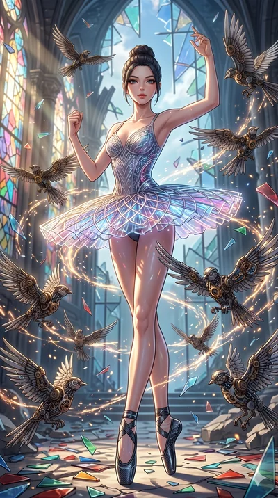 score_9, masterpiece, best quality, ultra-detailed, Set A: High-budget Anime Keyframe, Caucasian (strictly human ears) woman. Low angle cowboy shot filling the entire 9:16 frame with her statuesque presence. Standing victoriously through a shattered 
