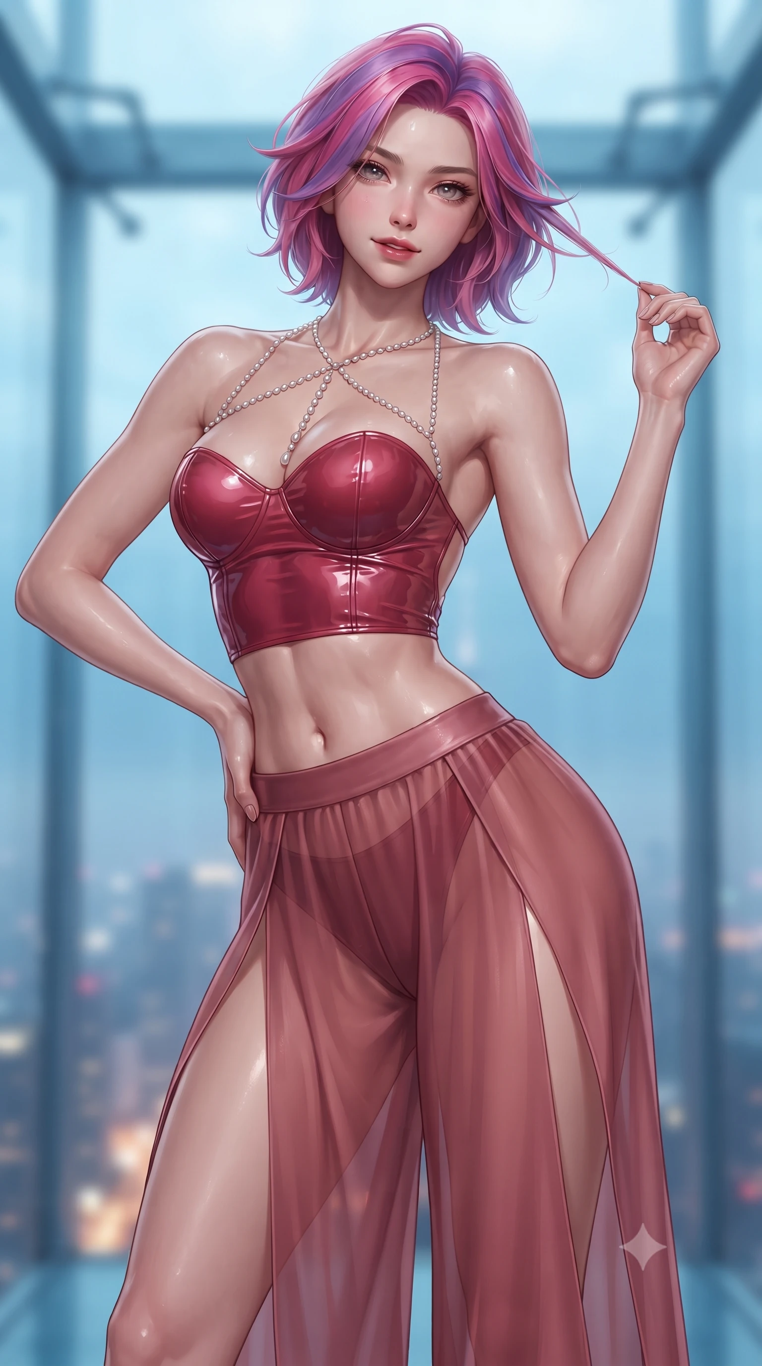 score_9, masterpiece, best quality, ultra-detailed, high-budget anime keyframe, editorial fashion photography, tasteful artistic composition, Caucasian woman. close-up cowboy shot from the waist and thighs up, the character dominates the composition, filling the frame with her large presence. twisting her slender torso in an alluring contrapposto stance, one hand resting on her sculpted hip while her fingers toy with her hair with effortless poise while twisting her slender torso in an alluring S-curve, city skyscraper lights miles below illuminating her sculpted flat midriff and curvy hips. The background shows a soft-focus acrylic swimming cube structural brackets softened in dizzying architectural shallow focus. She has an exceptionally elegant, slender, and willowy female figure with an ultra-slim waist, flat toned midriff, narrow ribcage, and sculpted feminine hips creating an alluring, slim hourglass silhouette without bulk. sharp v-shaped jawline, high-bridge nose, sparkling eyes with hypnotic seductive depth, thick curled eyelashes, glossy parted lips with a natural dewy peach sheen, alluring bedroom-eyes with an enchanting coquettish smile, exuding magnetic siren charisma and sophisticated glamour, flawlessly proportioned anatomical accuracy, strict slender model proportions, natural body alignment, perfectly sculpted long slender limbs, ultra-slim waistline, clean dynamic posture without body distortion. wearing a wet-look form-fitting vinyl bustier paired with sheer chiffon high-slit wide-leg trousers in smoldering crimson wine and deep rose-gold, crafted from fluid liquid silk satin that clings smoothly to every curve with a dewy sheen, accented with a pearl-drop body harness subtly framing her dewy collarbones and spine, the precision-cut side openings and low-back scoop framing her graceful spine and the sensual sweep of her slim, toned hips. bathed in crisp underwater pool lighting paired with upward metropolitan light pollution fill. ultra-reflective glossy finish, specular highlights, rich textural contrasts, high-contrast stereoscopic depth, volumetric dynamic lighting, 2k, ultra detail, master piece, 9:16 ratio