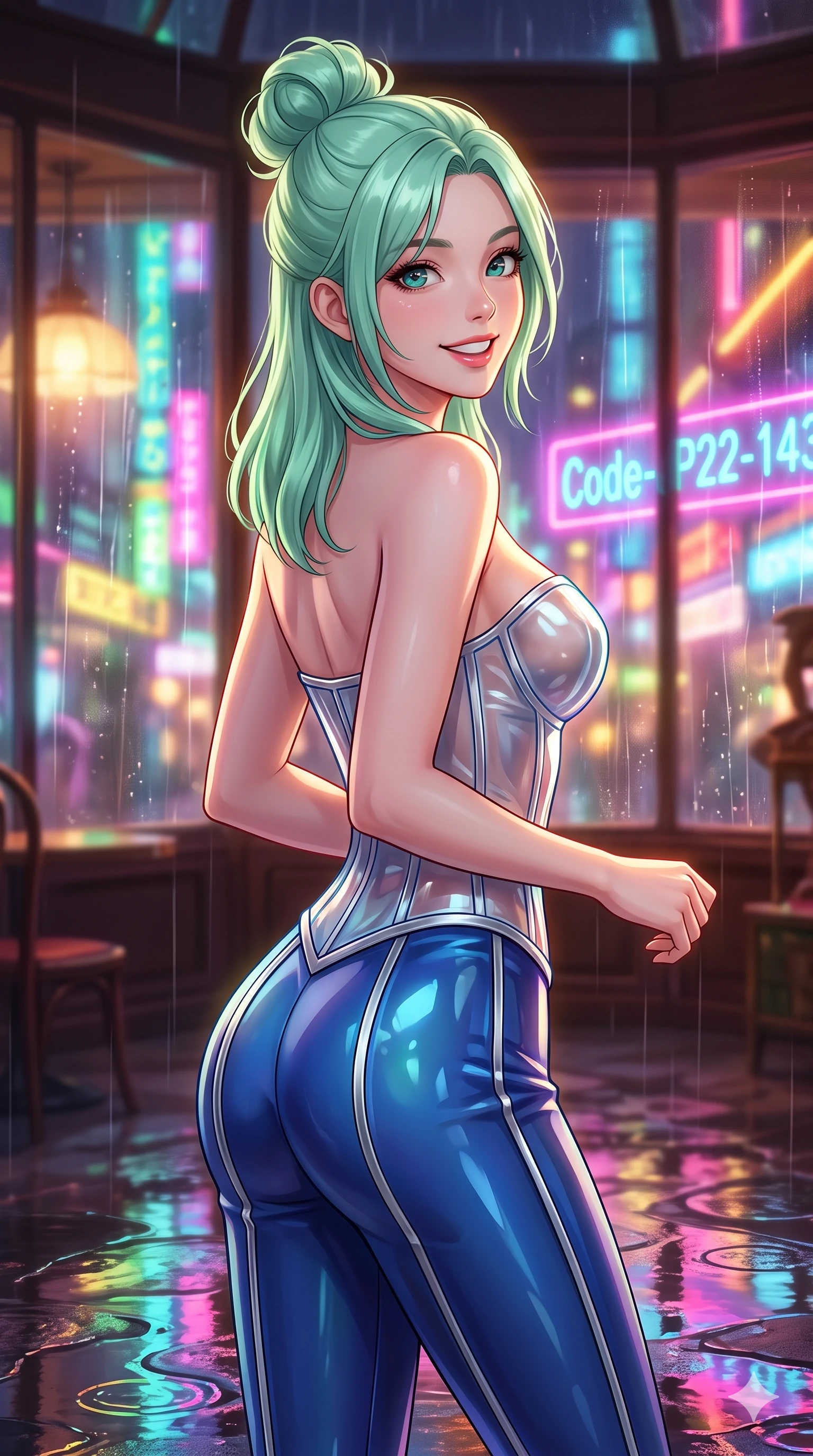 score_9, masterpiece, best quality, ultra-detailed, high-budget anime keyframe, vibrant anime aesthetic, Japanese woman. close-up cowboy shot from the waist and thighs up, the character dominates the composition, filling the frame with her large presence, background elements kept in soft focus. She is looking over her shoulder, smiling cheerfully at the viewer, with a bright, joyful gaze with a lively, expressive stance. the background shows a soft-focus antique shop showroom with large display windows showing rain-streaked neon lights of the city (Code-P22-143). She has an absolutely perfect proportion, an exceptionally elegant and slender female figure with an ultra-slim waist. V-shaped jawline, high-bridge nose, intricate jewel-like eyes with depth, thick eyelashes, glossy lips with a natural sheen. wearing a translucent gloss-finish structured bodice with a sweetheart neckline and sleek pants in sapphire blue and silver trim. She is lit by bright neon light reflections in water puddles, creating a glowing twilight aura, casting soft shadows that enhance her features inside the retro conservatory cafe. 2k, ultra detail, master piece, 9:16 ratio