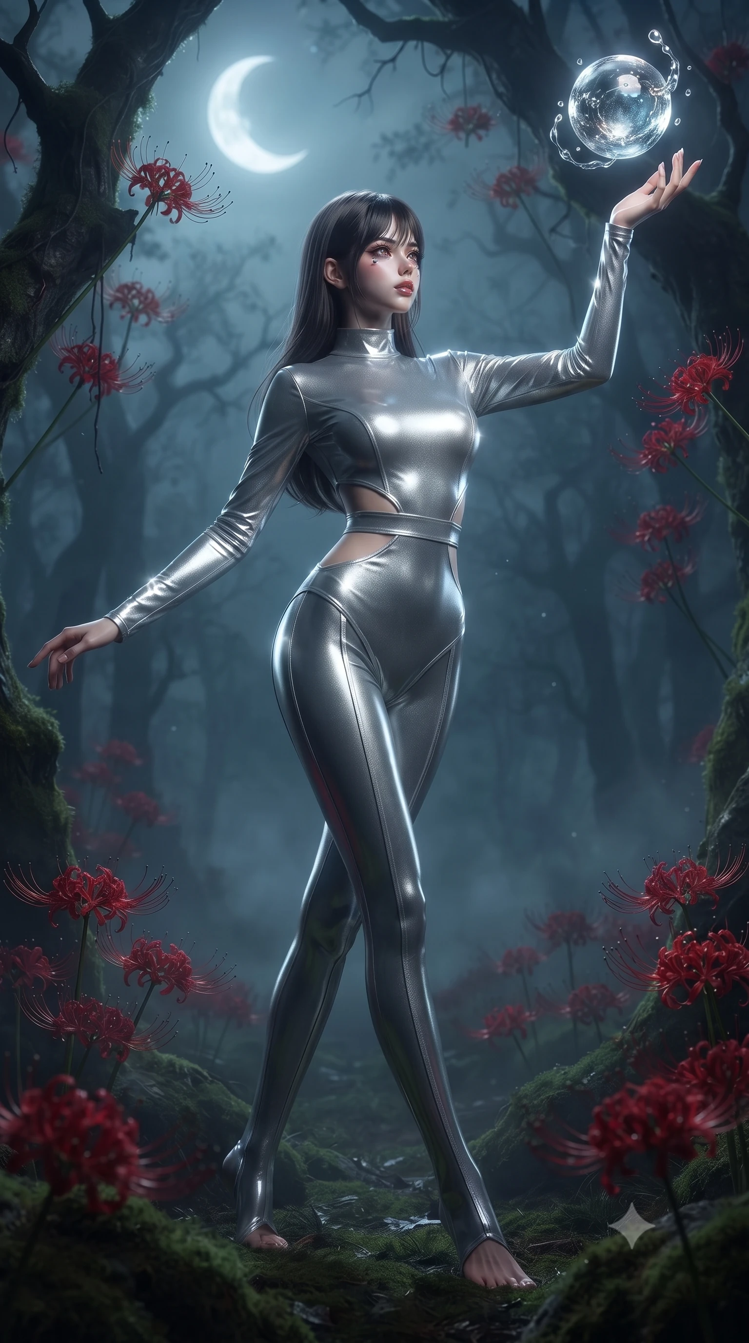score_9, masterpiece, best quality, ultra-detailed, High-budget Anime Keyframe, editorial fashion photography, tasteful artistic composition, realistic cosplay photography, East Asian woman. Dynamic full-body shot stretching the vertical silhouette to the limit. Scenario 472: reaching out to catch a floating sphere of liquid light in a misty dark forest under a crescent moon with red spider lilies blooming. Her presence is magnetic and overpowering in this high-budget cinematic scene. Outfit 472: a slim-fit liquid silver shimmering chiffon catsuit with strategic waist cut-outs and slender leg straps. The clothing is designed to emphasize her exceptionally tall and slender 8-heads proportion. 8-heads proportion, towering silhouette, ultra-slim waist. sharp v-shaped jawline, intricate jewel-like eyes with depth, thick eyelashes, glossy lips. ultra-reflective glossy finish, specular highlights, metallic sheen, high-contrast stereoscopic depth, volumetric dynamic lighting, 2k, ultra detail, master piece, 9:16 ratio
