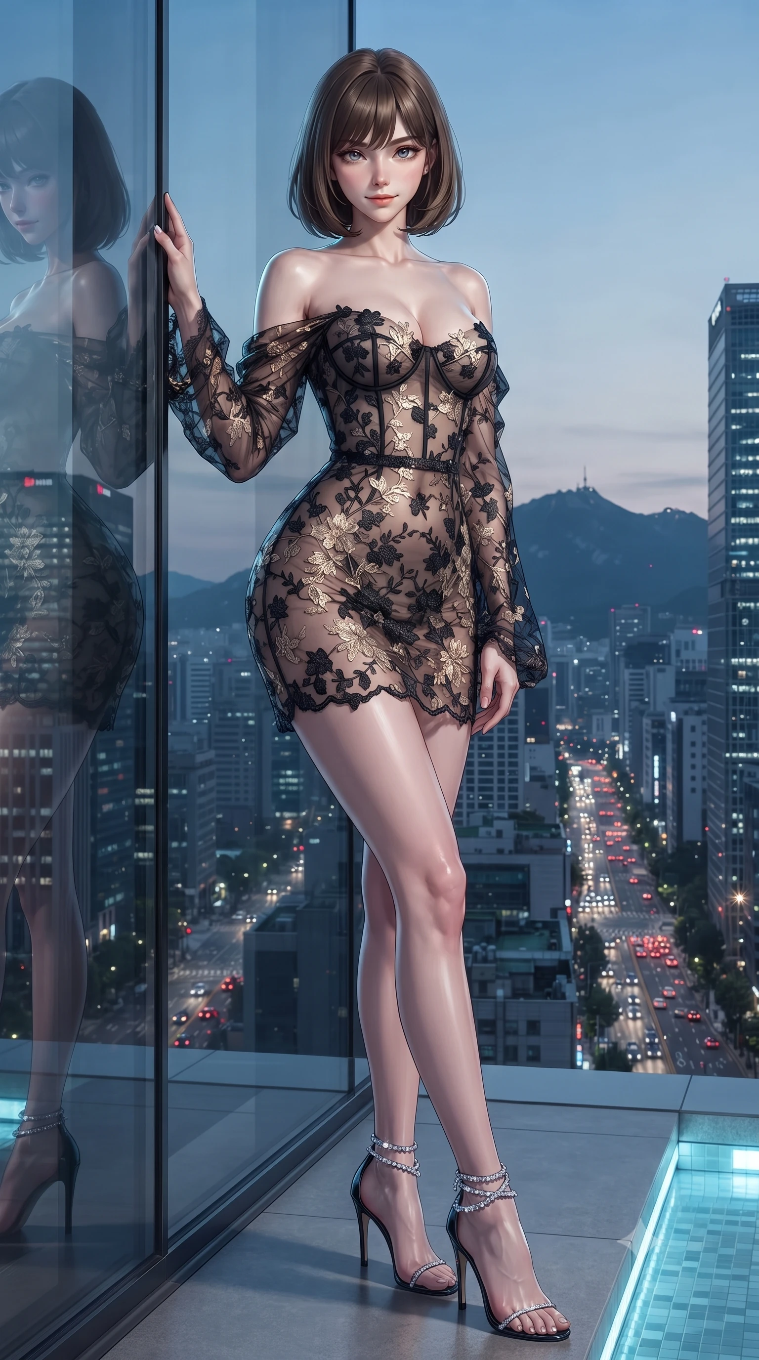 score_9, masterpiece, best quality, ultra-detailed, high-budget anime keyframe, editorial fashion photography, tasteful artistic composition, Caucasian woman. low angle full-body shot from head to toe showing her feet, filling the entire 9:16 vertical frame with her statuesque presence, stretching her vertical silhouette. stepping slowly toward the camera with hypnotic grace, hips swaying in an alluring sensual rhythm that accentuates her curvy hourglass silhouette and long slender legs while leaning against the sleek frameless glass with hips cocked back, casting an alluring bedroom-gaze over the pulsing Seoul metropolis. The surrounding environment is rendered in vivid detail and crisp panoramic clarity: detailed sheer organza modern kimono dress weave slipping off bare shoulders, fitted bralette cling, and skyline architecture in razor-sharp precision. She has an exceptionally tall and slender model-like 8.5-heads proportion, an ultra-slim waist, a flat toned midriff, narrow delicate ribcage, and beautifully sculpted feminine hips creating a graceful, slim hourglass silhouette without any bulky heaviness, with impossibly long slender legs. sharp v-shaped jawline, high-bridge nose, intricate jewel-like sparkling eyes with depth, thick eyelashes, glossy parted lips with a natural peach sheen, bright cheerful beaming smile with an enchanting and coquettish sensual glint, exuding both youthful cute charm and seductive allure, flawlessly proportioned anatomical accuracy, strict slender model proportions, natural body alignment, perfectly sculpted long slender limbs, ultra-slim waistline, clean dynamic posture without body distortion. wearing a provocative sheer illusion mesh botanical dress with embroidered climbing ivy ribbons contouring her curves in midnight noir obsidian black and pure champagne gold, made of delicate embroidered tulle lace with intricate floral motifs and soft transparency, complemented by strappy stiletto sandals with crystal ankle wraps accentuating her slender calves, the liquid-tight tailored fabric clinging flawlessly to her narrow waist and rounded feminine hips, emphasizing every millimeter of her sculpted slim hourglass curves without any bulky heaviness. illuminated by tub edge LEDs and sharp platinum-cyan rim lights sculpting her razor-sharp jawline, narrow waist, and curvy hips. ultra-reflective glossy finish, specular highlights, rich textural contrasts, high-contrast stereoscopic depth, volumetric dynamic lighting, 2k, ultra detail, master piece, 9:16 ratio
