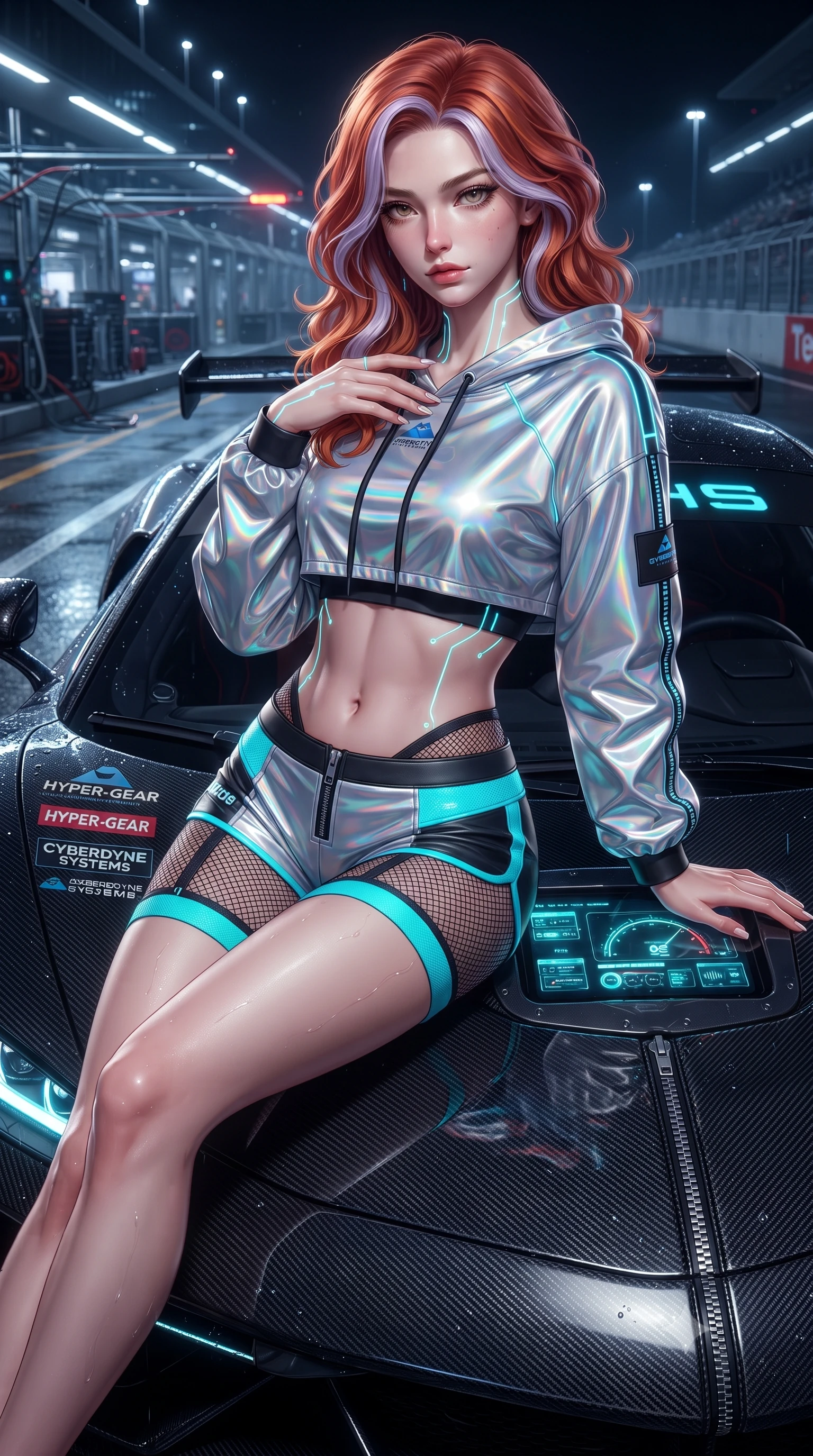 score_9, masterpiece, best quality, ultra-detailed, high-budget anime keyframe, editorial fashion photography, tasteful artistic composition, Caucasian woman. close-up cowboy shot from the waist and thighs up, the character dominates the composition, filling the frame with her large presence. resting one manicured hand delicately on her bare collarbone, her upper body twisting in a fluid, voluptuous yet slender curve while sitting poised on the glossy carbon-fiber hood of a midnight hypercar, one leg extended and torso angled back with seductive confidence. The surrounding environment is rendered in vivid detail and crisp panoramic clarity. detailed leather racing suit sponsor patches, zipper teeth, and glowing telemetry HUD screens in high resolution. She has an exceptionally elegant, slender, and willowy female figure with an ultra-slim waist, a gracefully sculpted slender torso, toned flat midriff, and a refined slim silhouette. sharp v-shaped jawline, high-bridge nose, intricate jewel-like eyes with depth, thick eyelashes, glossy parted lips with a natural sheen, intensely captivating and seductive expression, flawlessly proportioned anatomical accuracy, strict slender model proportions, natural body alignment, perfectly sculpted long slender limbs, ultra-slim waistline, clean dynamic posture without body distortion. wearing a holographic silver crop hoodie paired with high-waisted racing shorts and fishnet accents in carbon matte black and neon electric cyan, crafted from flexible ballistic matte leather and aerodynamic stretch neoprene, finished with glowing cyan circuit lines tracing her collarbones and shoulders, the liquid-tight tailored fabric emphasizing every curve of her tall, slender model proportions and sculptured silhouette. illuminated by wet specular asphalt bounce lights sculpting her toned midriff, slender waist, and long legs. ultra-reflective glossy finish, specular highlights, rich textural contrasts, high-contrast stereoscopic depth, volumetric dynamic lighting, 2k, ultra detail, master piece, 9:16 ratio