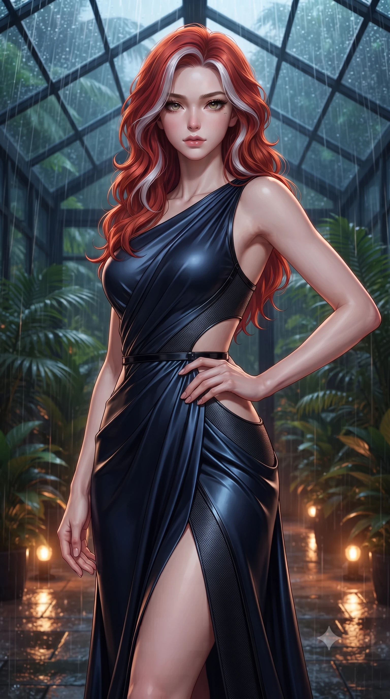 score_9, masterpiece, best quality, ultra-detailed, high-budget anime keyframe, editorial fashion photography, tasteful artistic composition, Caucasian woman. close-up cowboy shot from the waist and thighs up, the character dominates the composition, filling the frame with her large presence, background elements kept in soft focus. Holding a confident power pose with one hand on her hip, inside a private greenhouse lounge at 2 AM as torrential rain hits the glass roof, torrential rain streaming down glass roof glinting under warm floor spotlights. She has an exceptionally elegant, slender, and willowy female figure with an ultra-slim waist, a gracefully sculpted slender torso, and a refined silhouette. sharp v-shaped jawline, high-bridge nose, intricate jewel-like eyes with depth, thick eyelashes, glossy lips with a natural sheen. wearing draped obsidian silk gown featuring tasteful waist slit cutouts in midnight navy blue, made of matte carbon-fiber weave, adorned with minimalist black onyx hardware framing the silhouette, sculpting her athletic slender build with refined precision. illuminated by warm amber floor lights filtering through tropical greenery. ultra-reflective glossy finish, specular highlights, metallic sheen, high-contrast stereoscopic depth, volumetric dynamic lighting, 2k, ultra detail, master piece, 9:16 ratio