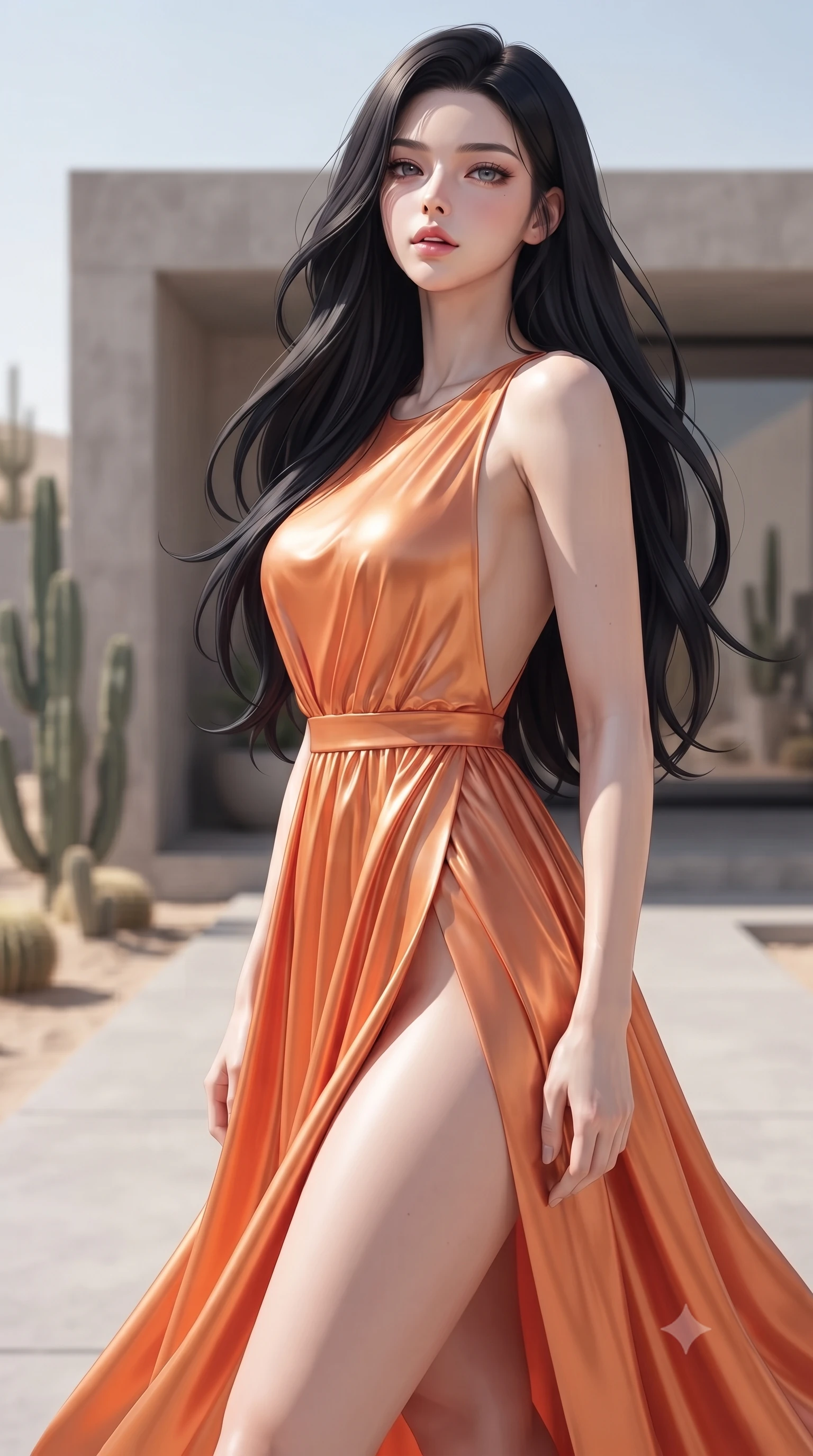 score_9, masterpiece, best quality, ultra-detailed, high-budget anime keyframe, editorial fashion photography, tasteful artistic composition, Korean woman. close-up cowboy shot from the waist and thighs up, the character dominates the composition, filling the frame with her large presence, background elements kept in soft focus. tilting her chin up slightly with lips parted in a composed, provocative expression the background shows a soft-focus a minimalist concrete patio of a desert villa, with cacti and sand landscaping. She has an exceptionally elegant, slender, and willowy female figure with an ultra-slim waist, a gracefully sculpted slender torso, and a refined silhouette. sharp v-shaped jawline, high-bridge nose, intricate jewel-like eyes with depth, thick eyelashes, glossy lips with a natural sheen. wearing a tailored high-slit resort gown in sunset orange chiffon, featuring a daring thigh-slit and open back. bright midday sun rays creating clean, sharp shadows and reflections. ultra-reflective glossy finish, specular highlights, metallic sheen, high-contrast stereoscopic depth, volumetric dynamic lighting, 2k, ultra detail, master piece, 9:16 ratio
