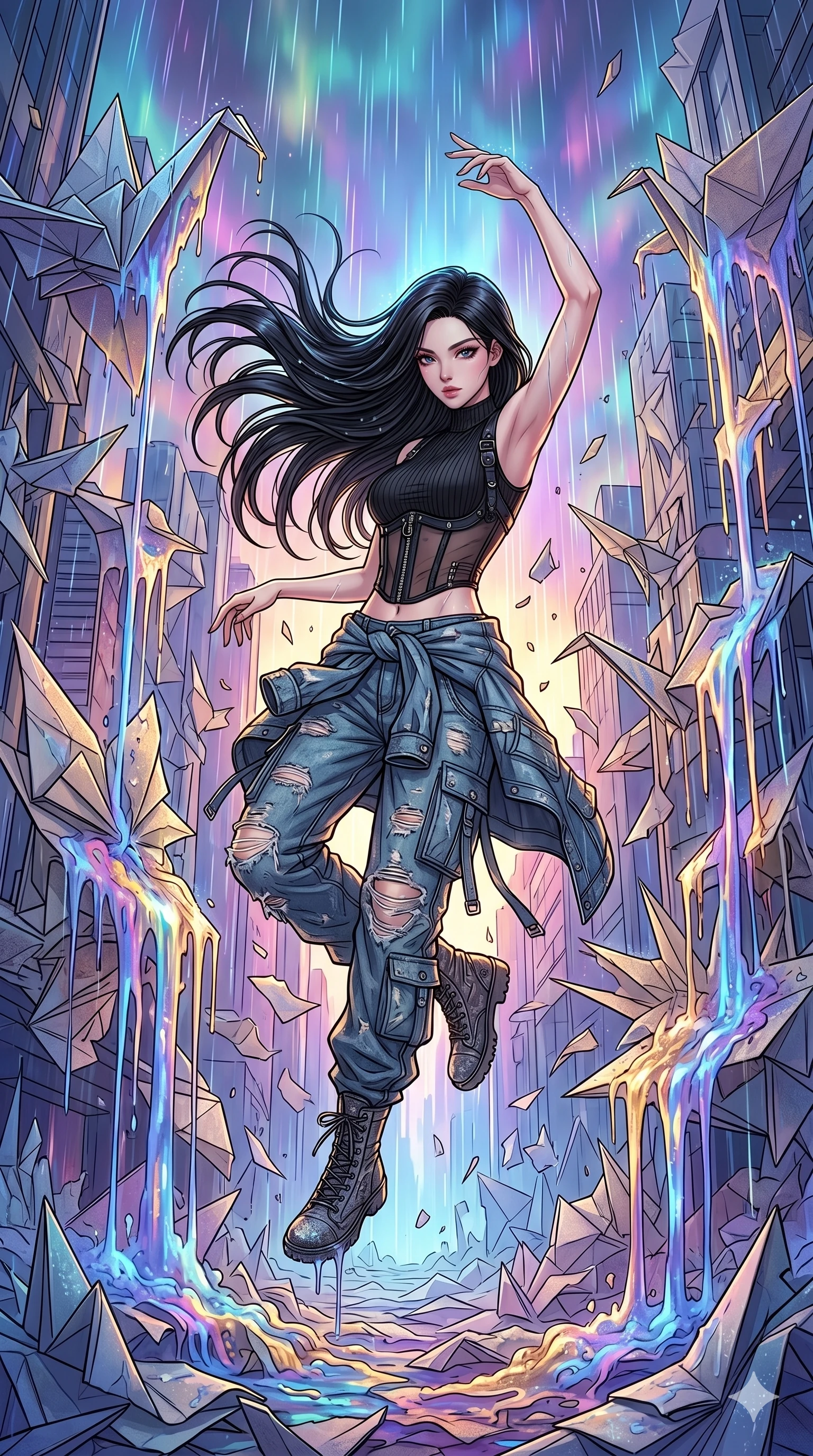 score_9, masterpiece, best quality, ultra-detailed, high-budget anime movie keyframe, cinematic anime lighting, intricate line art, Korean anime girl. Mid-air action shot capturing a graceful twist and vertical silhouette. collapsing in a world of folded paper as the rain starts to melt it. She has an absolutely perfect 8-heads proportion, an exceptionally tall and slender female figure with an ultra-slim waist and impossibly long slender legs. strictly human anatomy, two legs only, no extra limbs, clearly defined legs and arms, perfect anatomy, perfect hands and fingers. sharp v-shaped jawline, high-bridge nose, intricate jewel-like eyes, thick eyelashes, glossy lips. Wearing Urban Trendsetter: Ribbed bodycon dress, crop top with high-waist denim, and sheer corset with cargo pants. The scene is illuminated by dramatic atmospheric lighting and vibrant color palettes. , 2k, ultra detail, master piece, 9:16 ratio