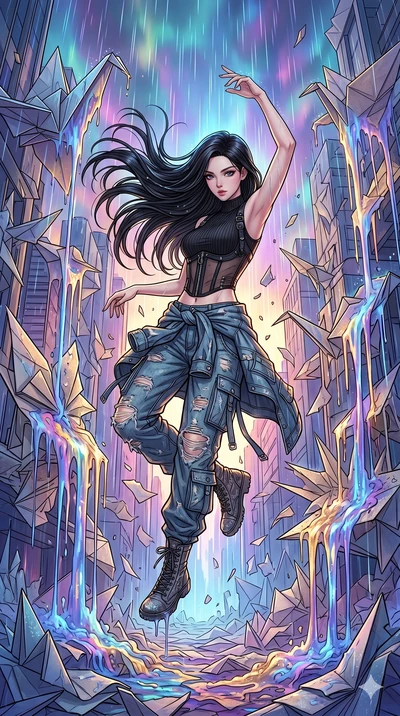 score_9, masterpiece, best quality, ultra-detailed, high-budget anime movie keyframe, cinematic anime lighting, intricate line art, Korean anime girl. Mid-air action shot capturing a graceful twist and vertical silhouette. collapsing in a world of fo