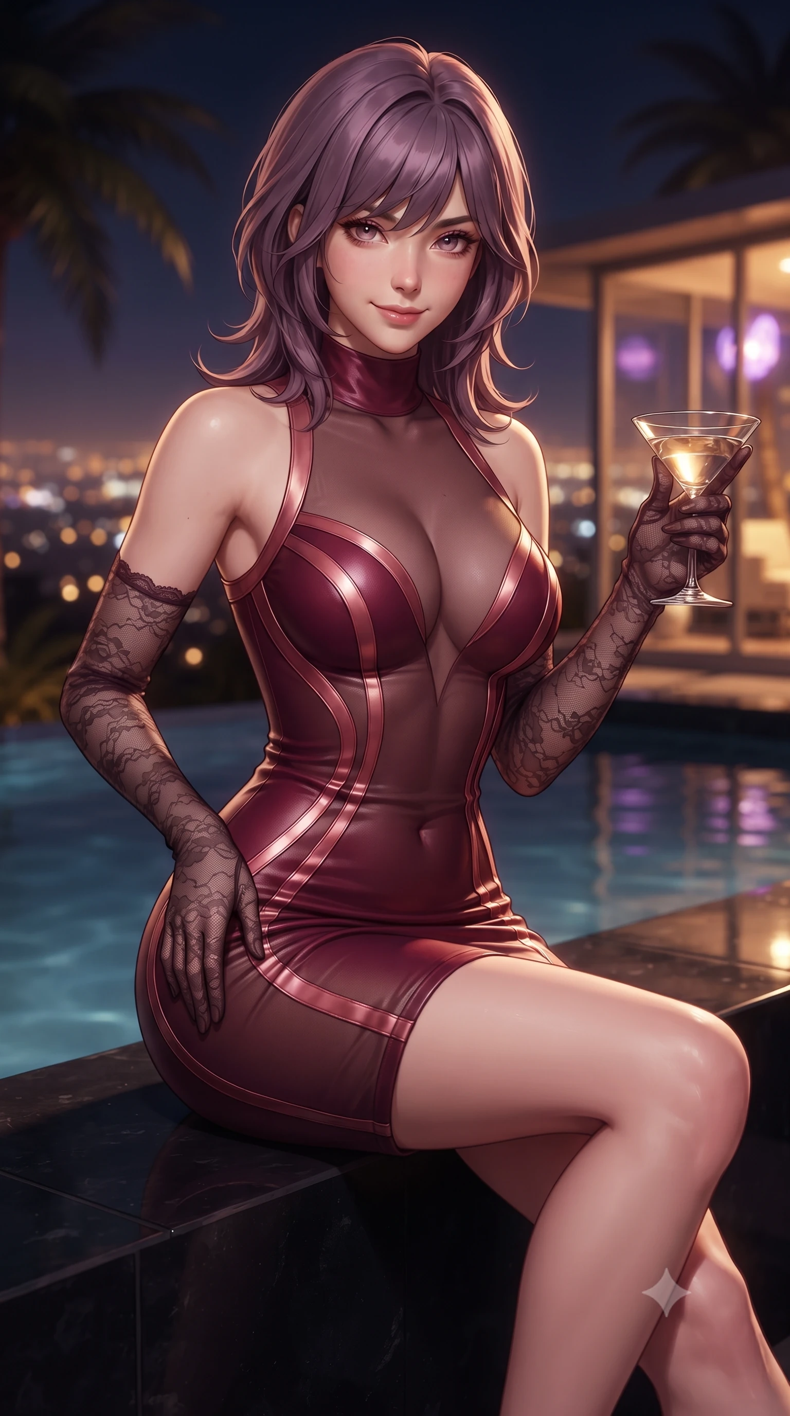 score_9, masterpiece, best quality, ultra-detailed, high-budget anime keyframe, editorial fashion photography, tasteful artistic composition, Japanese woman. close-up cowboy shot from the waist and thighs up, the character dominates the composition, filling the frame with her large presence. tilting her head with a teasing half-smile, running one hand slowly down the side of her hip in a flirtatious S-curve as ambient light caresses her silhouette while sitting perched on the black basalt pool rim with one knee drawn up, holding a martini glass with sovereign Hollywood poise. The background shows a soft-focus the endless glowing grid of Los Angeles night lights, silhouette palm fronds, and mid-century glass pavilion blurred into gold, amber, and violet bokeh. She has an exceptionally elegant, slender, and willowy female figure with an ultra-slim waist, flat toned midriff, narrow ribcage, and sculpted feminine hips creating an alluring, slim hourglass silhouette without bulk. sharp v-shaped jawline, high-bridge nose, sparkling eyes with hypnotic seductive depth, thick curled eyelashes, glossy parted lips with a natural dewy peach sheen, alluring bedroom-eyes with an enchanting coquettish smile, exuding magnetic siren charisma and sophisticated glamour, flawlessly proportioned anatomical accuracy, strict slender model proportions, natural body alignment, perfectly sculpted long slender limbs, ultra-slim waistline, clean dynamic posture without body distortion. wearing a provocative high-neck sheer illusion cocktail dress with liquid satin ribbons contouring her curves in smoldering crimson wine and deep rose-gold, woven from buttery-soft stretch lambskin leather adhering to her body like a second skin, complemented by sheer opera-length lace evening gloves tracing her slender arms, the form-contouring silhouette accentuating her sculpted flat midriff, narrow delicate ribcage, and gracefully curvy hips with intoxicating allure. bathed in warm 2800K glasshouse interior downlighting paired with vast upward city grid light fill. ultra-reflective glossy finish, specular highlights, rich textural contrasts, high-contrast stereoscopic depth, volumetric dynamic lighting, 2k, ultra detail, master piece, 9:16 ratio