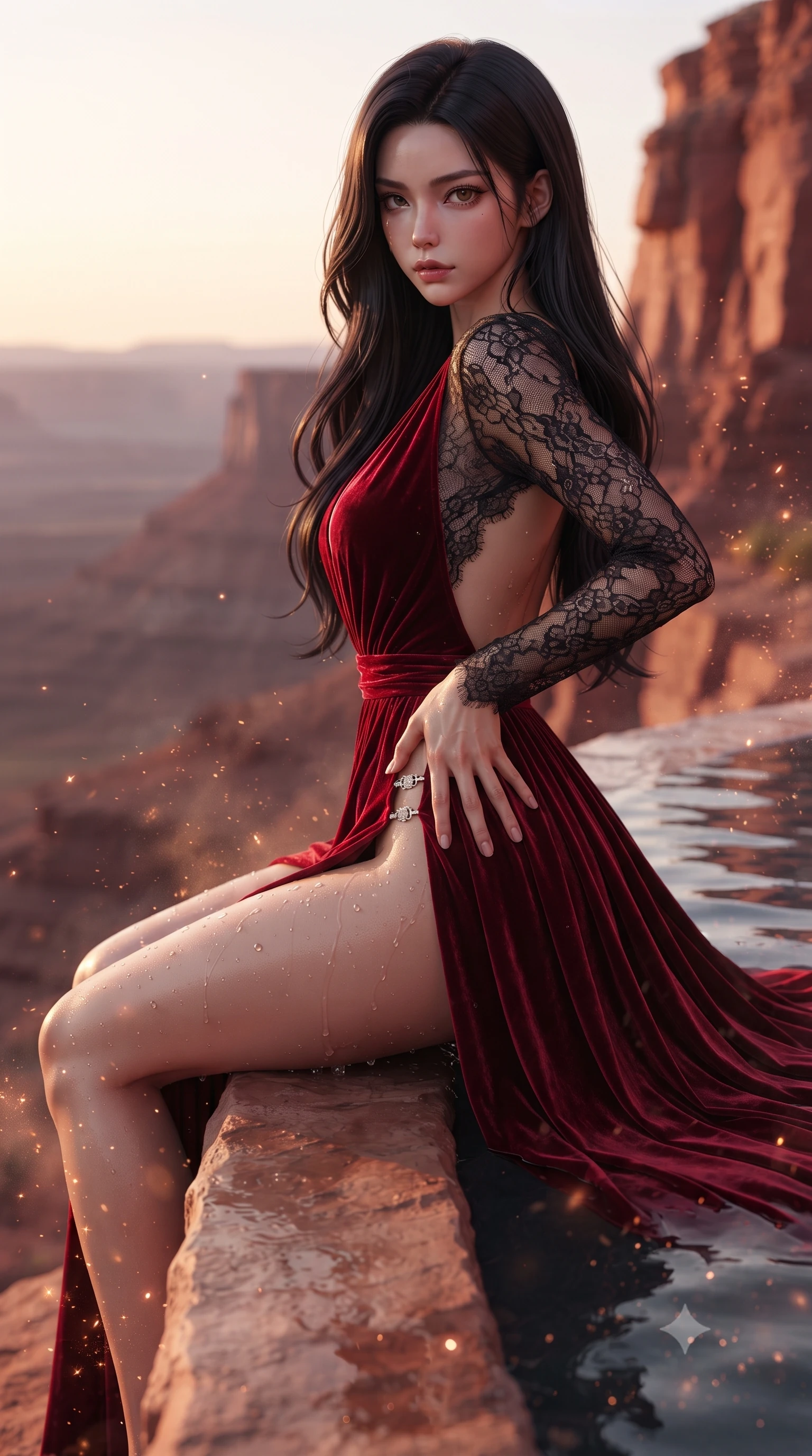 score_9, masterpiece, best quality, ultra-detailed, high-budget anime keyframe, editorial fashion photography, tasteful artistic composition, Korean woman. close-up cowboy shot from the waist and thighs up, the character dominates the composition, filling the frame with her large presence. resting one manicured hand delicately on her hip bone, her upper body turning in a fluid, seductive S-curve while parted lips glisten in the light while perching on the edge of an infinity plunge pool carved into crimson sandstone, water droplets beading on her hip as she looks back over her shoulder. The composition keeps background elements in soft focus with creamy bokeh. swirling desert dust particles and sunset pool water caustics scattering radiant copper sparkles. She has an exceptionally elegant, slender, and willowy female figure with an ultra-slim waist, flat toned midriff, narrow ribcage, and sculpted feminine hips creating an alluring, slim hourglass silhouette without bulk. sharp v-shaped jawline, high-bridge nose, intricate jewel-like eyes with depth, thick eyelashes, glossy parted lips with a natural sheen, intensely captivating and seductive bedroom-eyes expression, flawlessly proportioned anatomical accuracy, strict slender model proportions, natural body alignment, perfectly sculpted long slender limbs, ultra-slim waistline, clean dynamic posture without body distortion. wearing a plunging-V neckline crushed crimson velvet opera gown with delicate black lace sleeves and bare back in phantom obsidian black and blood-red velvet, woven from layered gossamer chiffon with a weightless sweeping drape, finished with an ultra-high side slit secured by miniature jeweled clasps, the second-skin form-contouring cut accentuating her sculpted flat midriff, narrow delicate ribcage, and gracefully curvy hips with supermodel precision. illuminated by wet specular pool highlights accentuating her slender neckline, sculpted waist, and rounded hips. ultra-reflective glossy finish, specular highlights, rich textural contrasts, high-contrast stereoscopic depth, volumetric dynamic lighting, 2k, ultra detail, master piece, 9:16 ratio