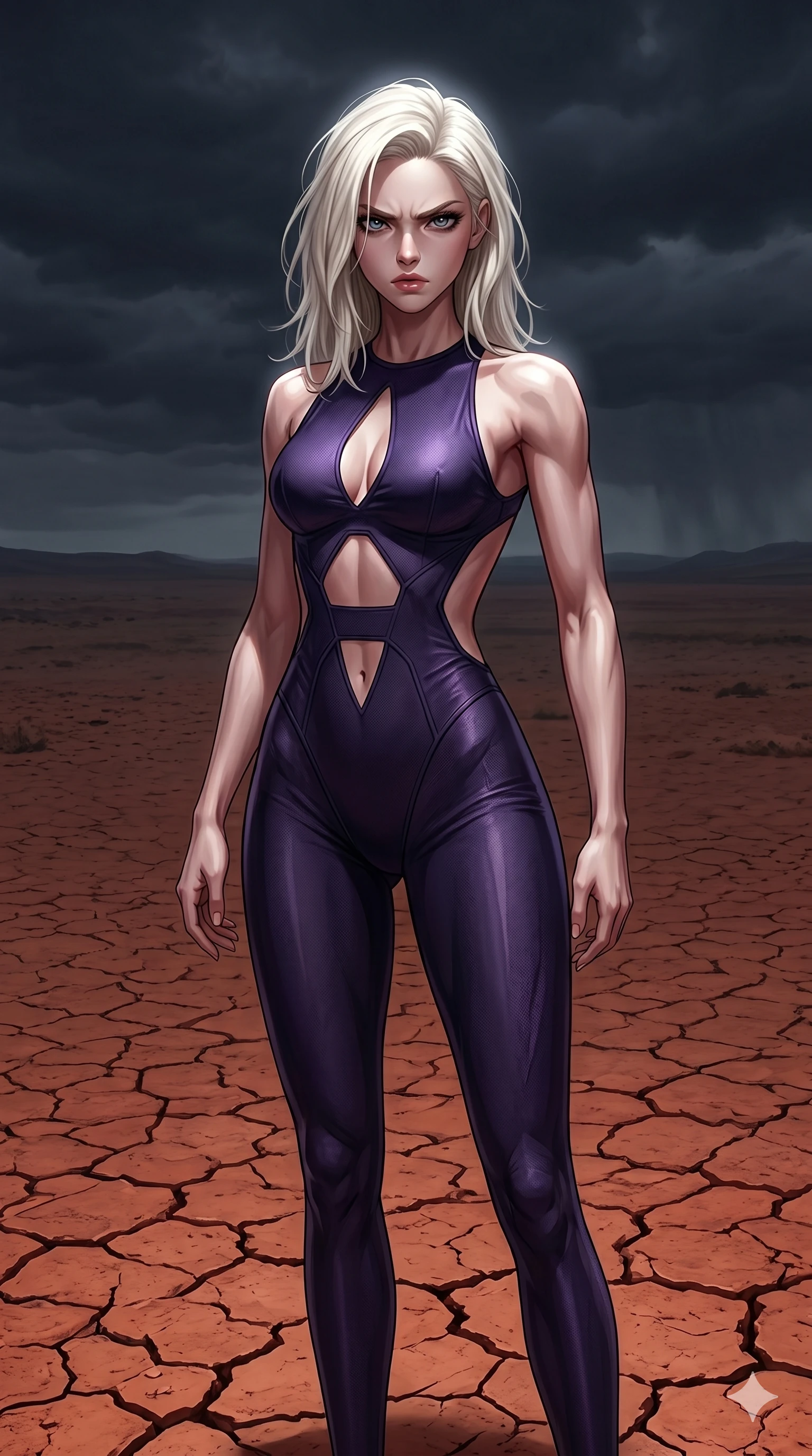 score_9, masterpiece, best quality, ultra-detailed, high-budget anime keyframe, editorial fashion photography, tasteful artistic composition, Caucasian woman, strictly human ears. cowboy shot from the thighs up, character and outfit filling the frame for maximum editorial presence. staring directly at the camera with a fierce, burning anger in her jewel-like eyes standing in a dry desert basin with cracked red earth under a stormy sky (Scenario Code A-49). She has an absolutely perfect 8-heads proportion, an exceptionally tall and slender female figure with impossibly long slender legs and an ultra-slim waist. V-shaped jawline, high-bridge nose, intricate jewel-like eyes with depth, thick eyelashes, glossy lips with a natural sheen. wearing a skin-tight dark violet bodysuit featuring geometric keyhole cutouts and open-back. drenched in a harsh overhead white work light that accentuates her tensed muscles. 2k, ultra detail, master piece, 9:16 ratio
