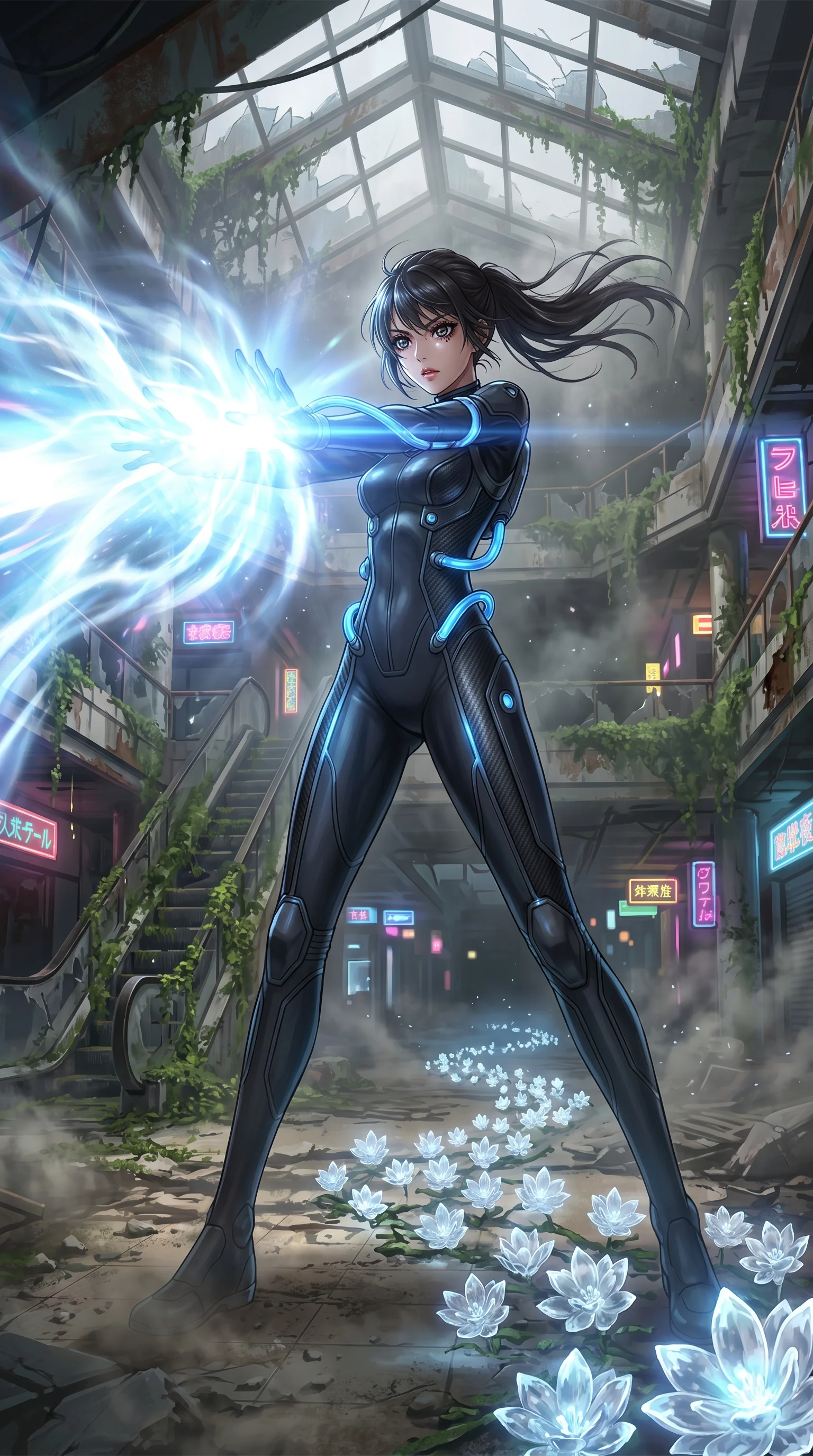 score_9, masterpiece, best quality, ultra-detailed, Set A: High-budget Anime Keyframe, Japanese woman. Low angle cowboy shot filling the entire 9:16 frame with her statuesque presence. Theme: Ethereal Dream. unleashing a massive energy wave in a ruined overgrown shopping mall, while she leaves a trail of 86 blooming crystal flowers. The atmosphere is filled with heavy smog with neon flares. She has an absolutely perfect 8-heads proportion, an exceptionally tall and slender female figure with impossibly long slender legs and an ultra-slim waist. Sharp v-shaped jawline, high-bridge nose, intricate jewel-like eyes with depth, glossy lips. Wearing Interstellar pilot suit with glowing oxygen-tubes and a sleek carbon-fiber frame. Cinematic lighting, vivid colors, dramatic shadows, 2k, ultra detail, master piece, 9:16 ratio