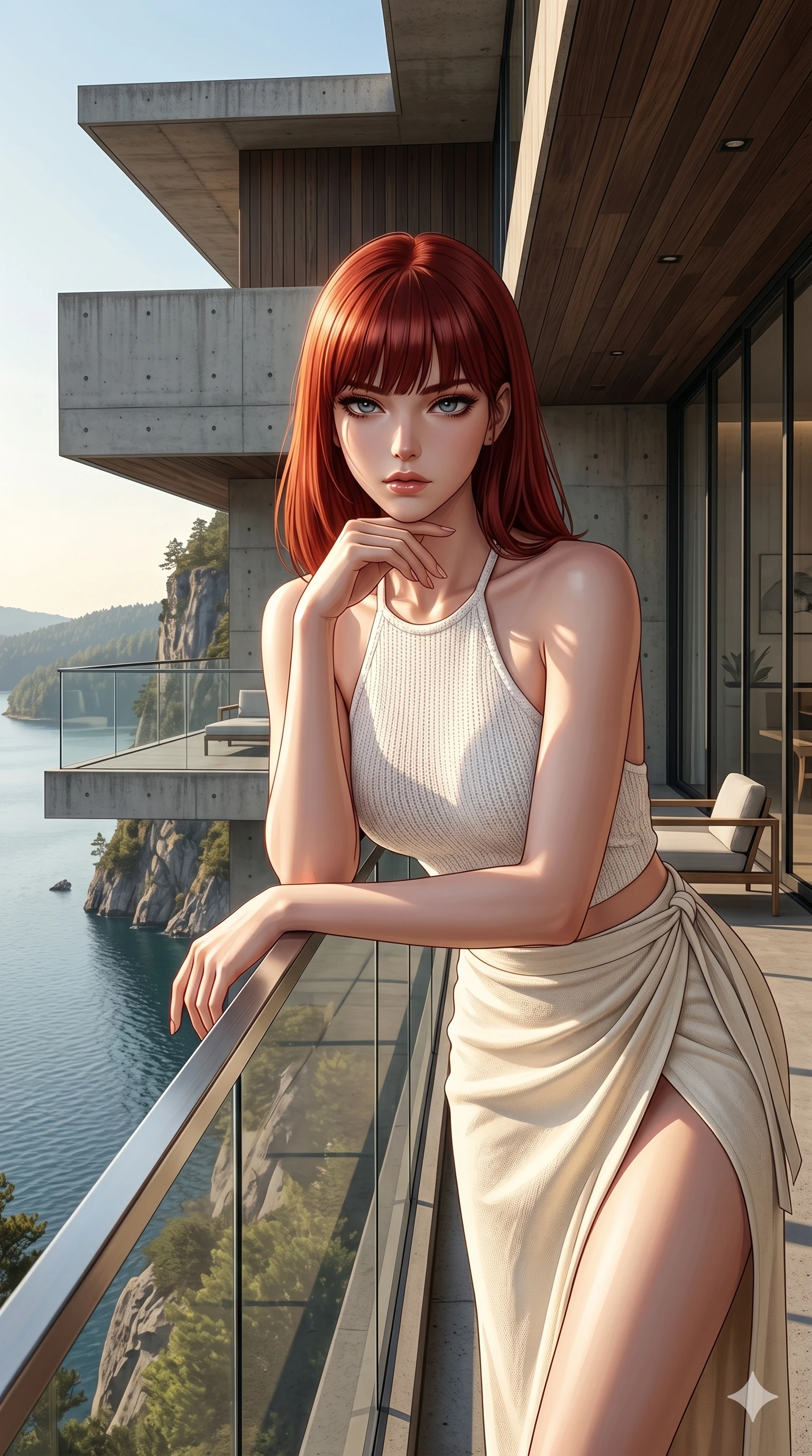 score_9, masterpiece, best quality, ultra-detailed, high-budget anime keyframe, editorial fashion photography, tasteful artistic composition, Caucasian woman, strictly human ears. cowboy shot from the thighs up, character and outfit filling the frame for maximum editorial presence. resting her chin on her fingers, looking directly into the lens with a piercing, mysterious gaze on a private viewing balcony of a modern architectural home built on a cliffside over a lake (Code-P118). She has an absolutely perfect 8-heads proportion, an exceptionally tall and slender female figure with impossibly long slender legs and an ultra-slim waist. V-shaped jawline, high-bridge nose, intricate jewel-like eyes with depth, thick eyelashes, glossy lips with a natural sheen. wearing a white knit halter top showing her elegant clavicle lines, and a high-slit wrap skirt. drenched in brilliant afternoon sunshine, casting warm rays that trace the curves of her athletic figure. 2k, ultra detail, master piece, 9:16 ratio