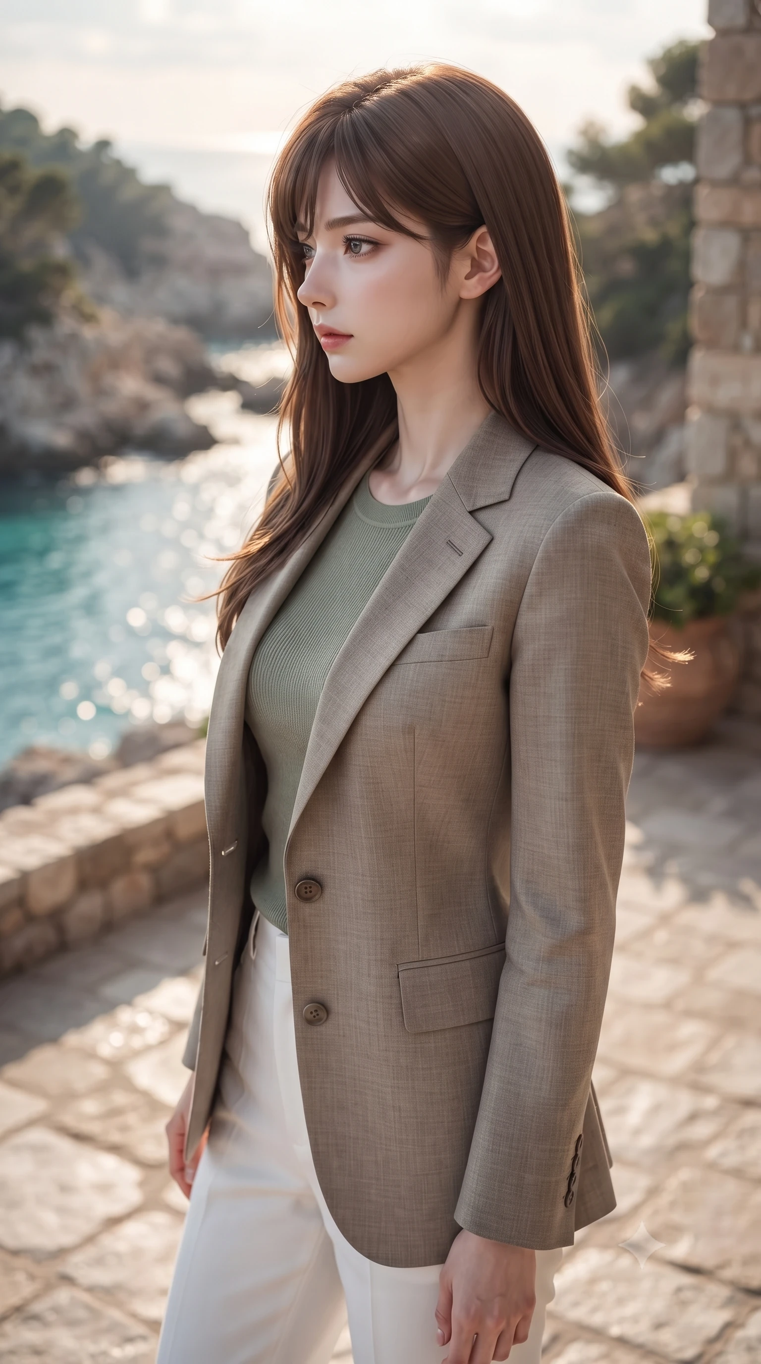 score_9, masterpiece, best quality, ultra-detailed, high-budget anime keyframe, editorial fashion photography, tasteful artistic composition, Korean woman woman. close-up cowboy shot from the waist and thighs up, the character dominates the composition, filling the frame with her large presence, background elements kept in soft focus. turning her face in sharp profile, casting a cold, mysterious, yet intensely alluring side gaze, the background shows a soft-focus a stone terrace of a coastal villa overlooking a rocky bay with turquoise water. She has an exceptionally elegant, slender, and willowy female figure with an ultra-slim waist, a gracefully sculpted slender torso, and a refined silhouette. sharp v-shaped jawline, high-bridge nose, intricate jewel-like eyes with depth, thick eyelashes, glossy lips with a natural sheen. wearing a form-contouring tailored blazer in taupe linen, worn over a sage green knit top and white trousers. warm afternoon sunbeams reflecting off the ocean surface onto the terrace. ultra-reflective glossy finish, specular highlights, metallic sheen, high-contrast stereoscopic depth, volumetric dynamic lighting, 2k, ultra detail, master piece, 9:16 ratio