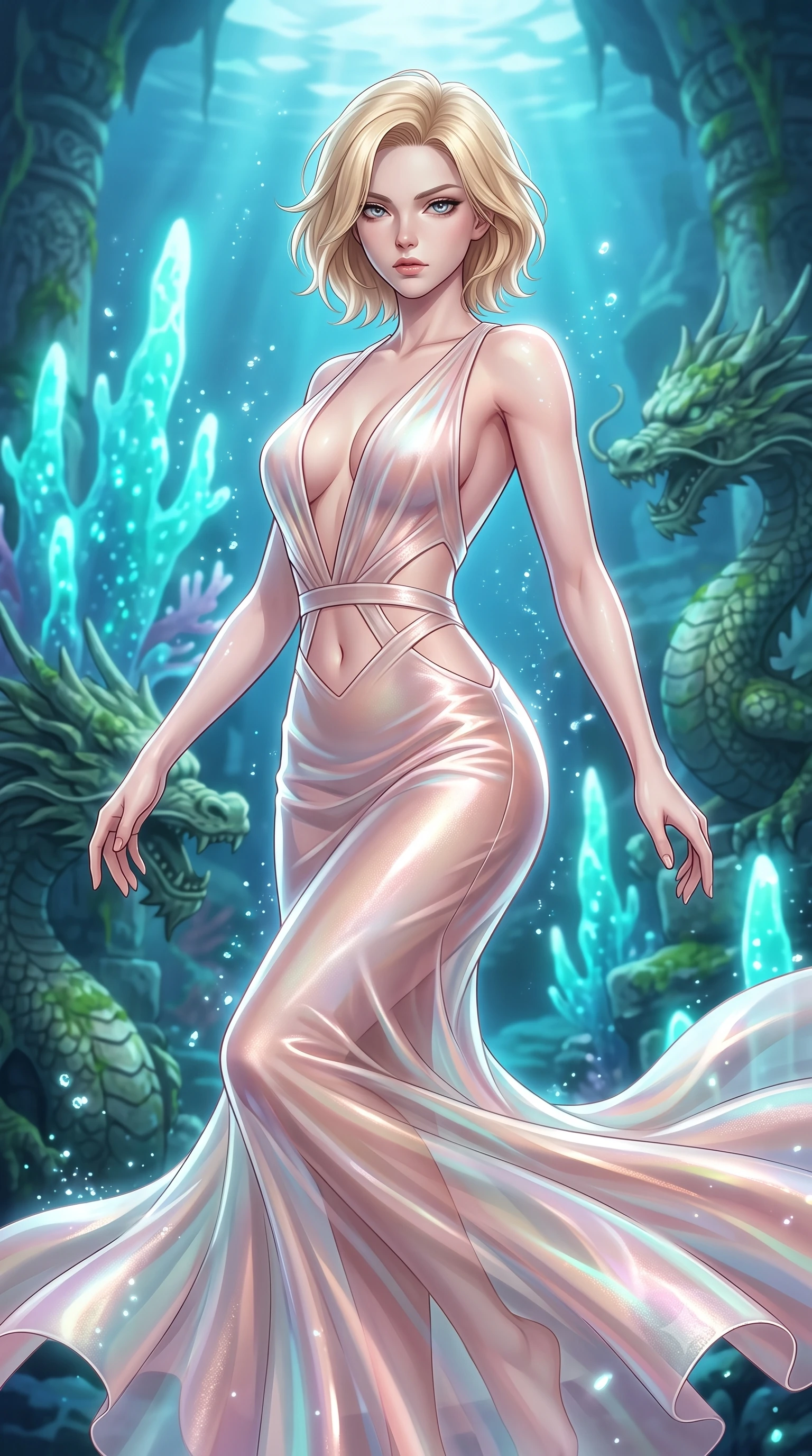 score_9, masterpiece, best quality, ultra-detailed, high-budget anime keyframe, editorial fashion photography, tasteful artistic composition, Caucasian woman. close-up cowboy shot from the waist and thighs up, the character dominates the composition, filling the frame with her large presence, background elements kept in soft focus. Gazing past the lens with composed intensity as her torso curves dynamically in mid-motion while floating underwater in a dynamic mid-air spin inside a sunken dragon temple, glowing aqua coral spires emitting pulsing luminescence in the background. She has an exceptionally elegant, slender, and willowy female figure with an ultra-slim waist, a gracefully sculpted slender torso, and a refined silhouette. sharp v-shaped jawline, high-bridge nose, intricate jewel-like eyes with depth, thick eyelashes, glossy lips with a natural sheen, flawlessly proportioned anatomical accuracy, natural body alignment, perfectly sculpted elegant limbs, clean dynamic posture without body distortion. wearing a translucent iridescent chiffon gown with a plunging neckline and open back in pearl white and rose gold, made of premium stretch velvet with a rich sheen, featuring subtle geometric cutouts that highlight her ultra-slim midriff, the tailored fabric tightly following every curve of her athletic build. surrounded by a shimmering ocean aura with bright pearl-white specular rim lights. highly saturated vibrant anime colors, detailed shading with soft gradients, rich glossy textures, high-contrast stereoscopic depth, volumetric dynamic lighting, master piece, 9:16 ratio