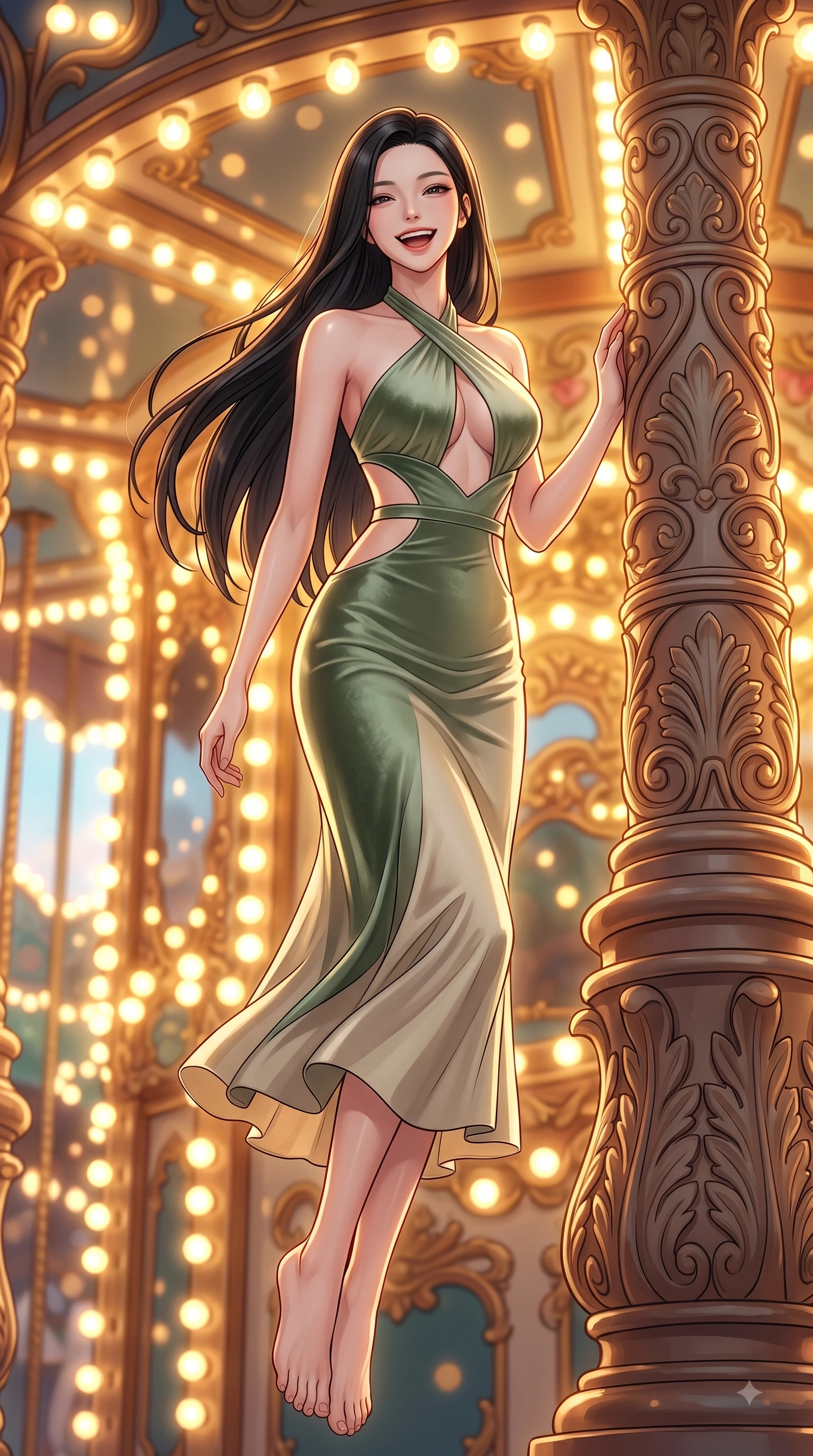 score_9, masterpiece, best quality, ultra-detailed, high-budget anime keyframe, editorial fashion photography, tasteful artistic composition, Korean woman. low angle full-body shot from head to toe showing her feet, filling the entire 9:16 vertical frame with her statuesque presence, stretching her vertical silhouette. pivoting dynamically in zero-gravity with a delighted laughing expression, displaying her perfect model proportions while resting playfully against a carved carousel pillar as warm golden hour lamps trace her figure, thousands of warm vintage light bulbs casting glowing golden circles in soft bokeh. She has an absolutely perfect, statuesque 8.5-heads proportion, an exceptionally tall and slender model-like female figure with impossibly long slender legs and an ultra-slim waist. sharp v-shaped jawline, high-bridge nose, intricate jewel-like eyes with depth, thick eyelashes, glossy lips with a natural sheen, flawlessly proportioned anatomical accuracy, natural body alignment, perfectly sculpted elegant limbs, clean dynamic posture without body distortion. wearing a velvet halter-neck midi dress following her form like a glove in sage green and oatmeal, crafted from lustrous satin jersey with fluid draping, featuring clean architectural cutouts along her slender torso, the form-contouring material highlighting her ultra-slim waist and long lines. surrounded by a bright, magical theme park ambiance with rich specular glow. highly saturated vibrant anime colors, detailed shading with soft gradients, rich glossy textures, high-contrast stereoscopic depth, volumetric dynamic lighting, master piece, 9:16 ratio