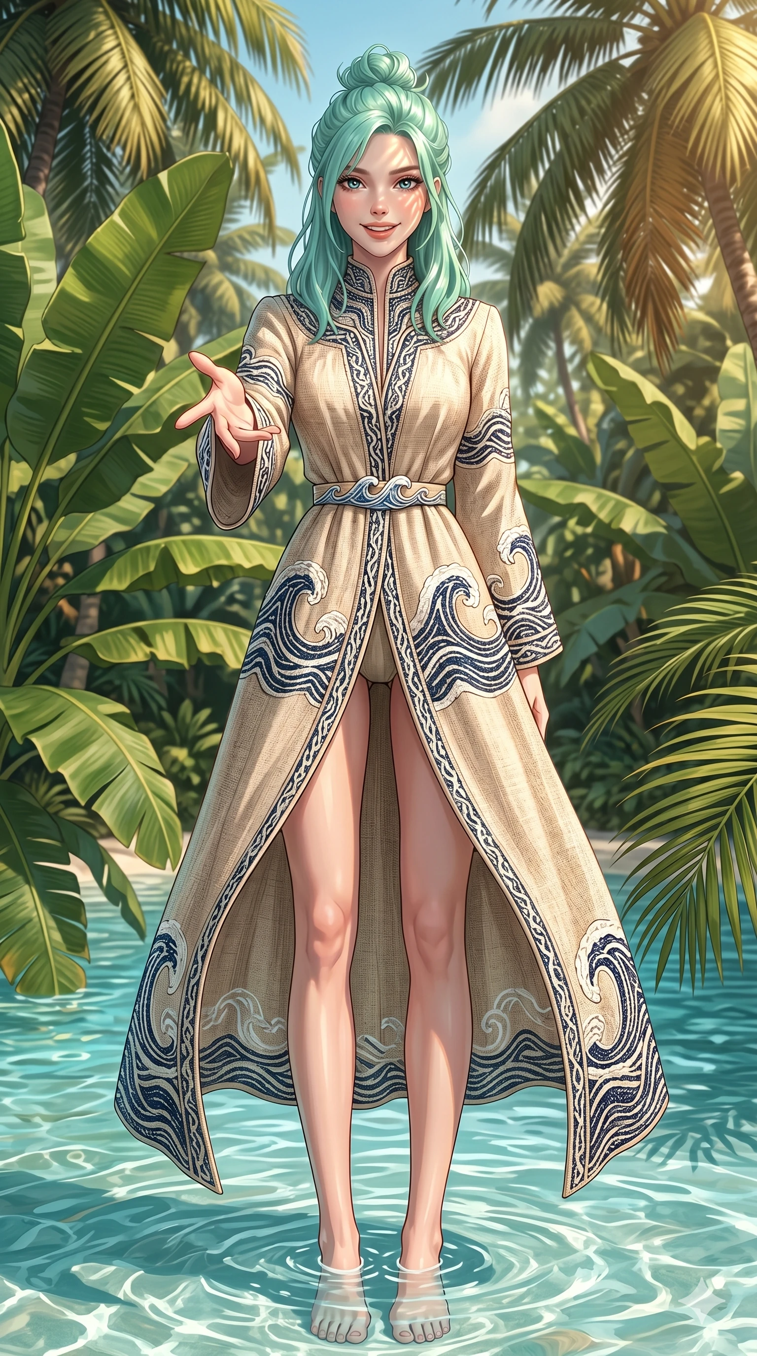 score_9, masterpiece, best quality, ultra-detailed, high-budget anime keyframe, editorial fashion photography, tasteful artistic composition, Japanese woman. low angle full-body shot from head to toe showing her feet, filling the entire 9:16 vertical frame with her statuesque presence, stretching her vertical silhouette. standing in the shallow turquoise water, reaching one hand toward the camera with a playful smile in a tropical resort garden filled with banana leaves, coconut trees, and warm sunlight (Code-P19-013). She has an absolutely perfect 8-heads proportion, an exceptionally tall and slender female figure with impossibly long slender legs and an ultra-slim waist. V-shaped jawline, high-bridge nose, intricate jewel-like eyes with depth, thick eyelashes, glossy lips with a natural sheen. wearing a structured high-neck resort robe in beige hemp fabric with intricate wave-patterned stitching. illuminated by golden reflections from the rushing water, creating dancing light patterns on her face. 2k, ultra detail, master piece, 9:16 ratio