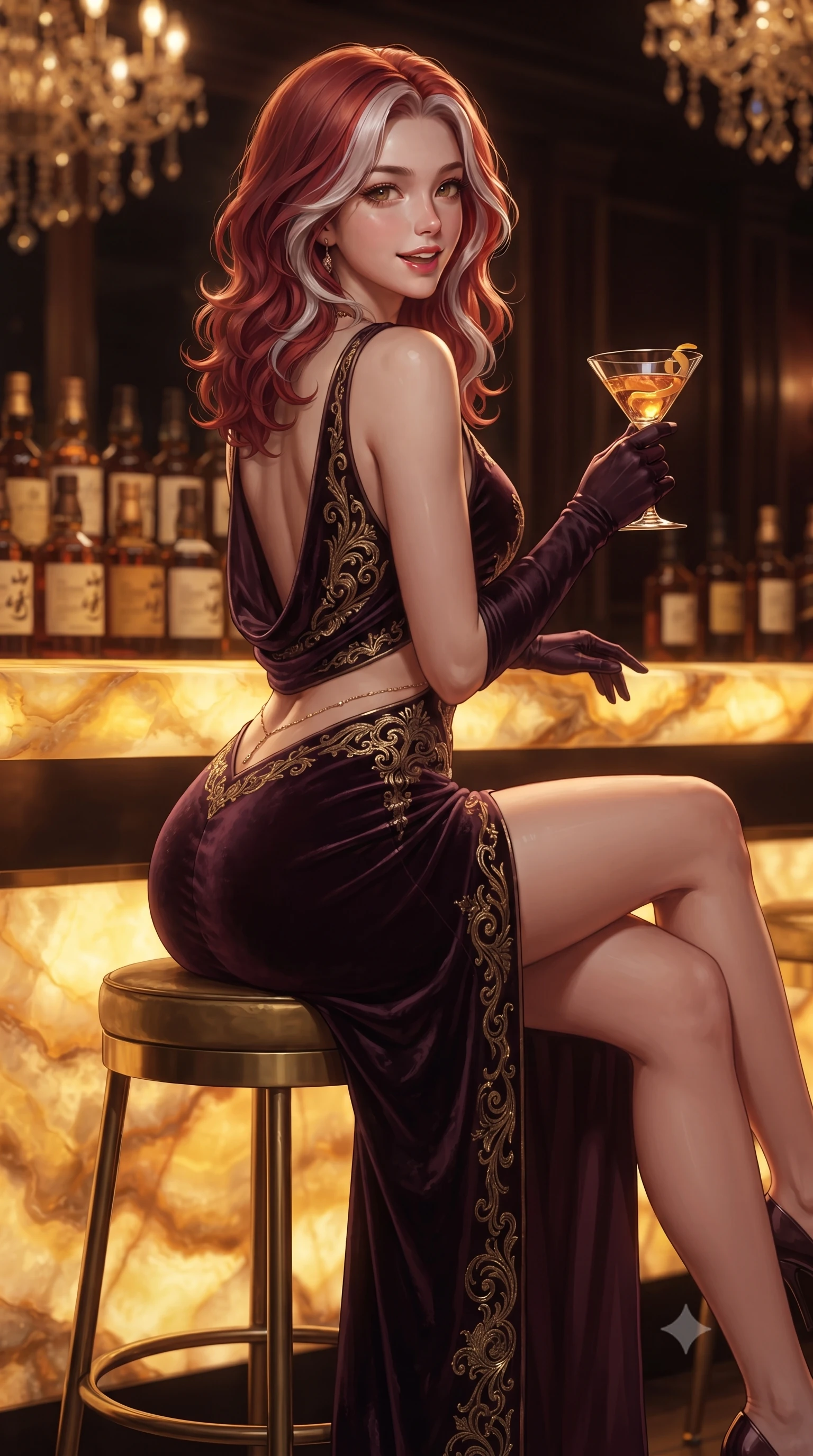 score_9, masterpiece, best quality, ultra-detailed, high-budget anime keyframe, editorial fashion photography, tasteful artistic composition, Caucasian woman. close-up cowboy shot from the waist and thighs up, the character dominates the composition, filling the frame with her large presence. posing in an alluring rear three-quarter angle, looking over a bare shoulder with parted glossy lips, her hips cocked back to highlight her slim hourglass curve while sitting poised on the high brass barstool with legs crossed, arching her lower back to highlight her curvy hips as she toys with her cocktail. The background shows a soft-focus golden illuminated translucent onyx stone counter, tiers of rare Japanese whiskey bottles, and crystal chandeliers blurred into amber, honey, and dark mahogany bokeh. She has an exceptionally elegant, slender, and willowy female figure with an ultra-slim waist, flat toned midriff, narrow ribcage, and sculpted feminine hips creating an alluring, slim hourglass silhouette without bulk. sharp v-shaped jawline, high-bridge nose, intricate jewel-like sparkling eyes with depth, thick eyelashes, glossy parted lips with a natural peach sheen, bright cheerful beaming smile with an enchanting and coquettish sensual glint, exuding both youthful cute charm and seductive allure, flawlessly proportioned anatomical accuracy, strict slender model proportions, natural body alignment, perfectly sculpted long slender limbs, ultra-slim waistline, clean dynamic posture without body distortion. wearing a deep plunge-neck stretch velvet gown with a daring thigh-high side slit and open cowl back in opulent dark velvet plum and gilded filigree, woven from stretch shimmer crepe adhering with glove-like precision, accented with a dainty gold belly chain resting across her flat midriff and curving hips, the form-contouring silhouette accentuating her sculpted flat midriff, narrow delicate ribcage, and gracefully curvy hips with intoxicating allure. bathed in the rich, radiant warm-amber under-glow of the backlit translucent onyx slab. ultra-reflective glossy finish, specular highlights, rich textural contrasts, high-contrast stereoscopic depth, volumetric dynamic lighting, 2k, ultra detail, master piece, 9:16 ratio