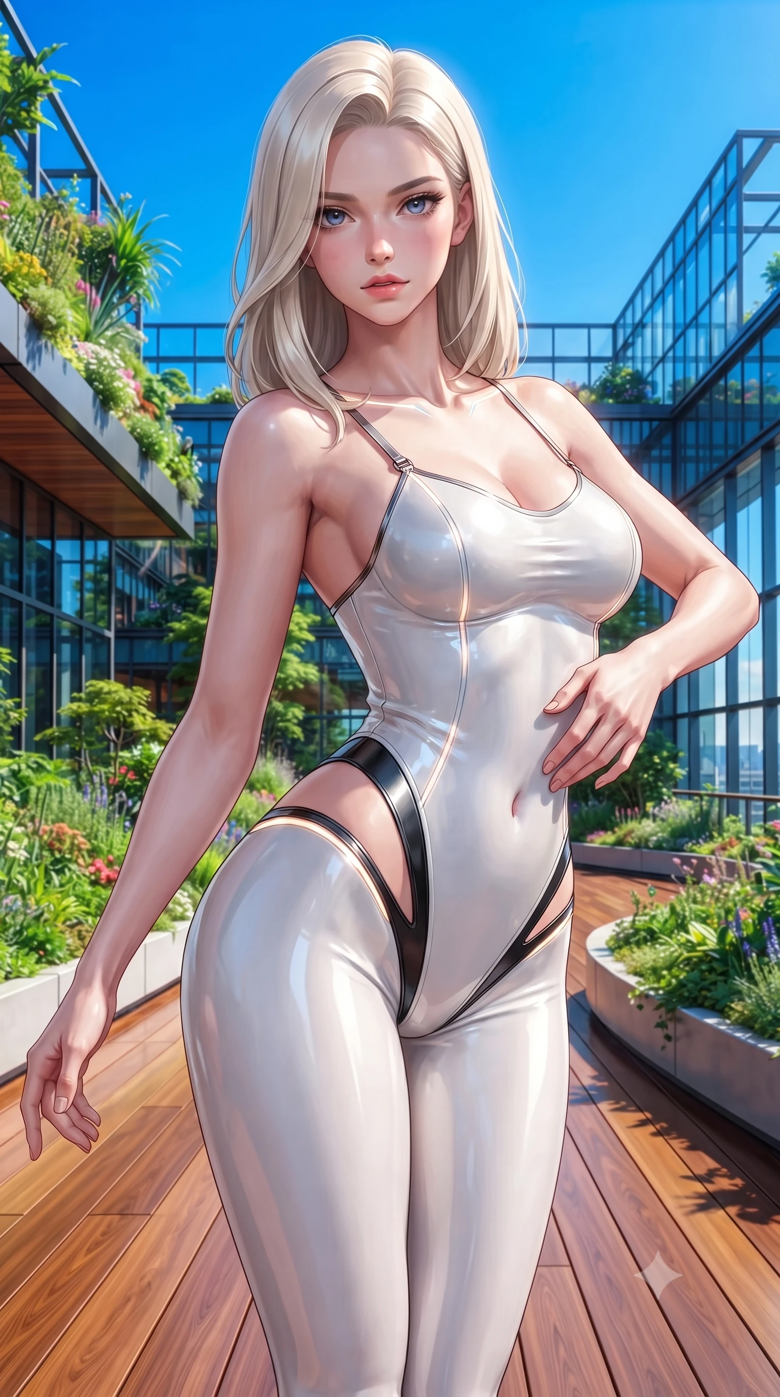 score_9, masterpiece, best quality, ultra-detailed, high-budget anime keyframe, editorial fashion photography, tasteful artistic composition, Caucasian woman. close-up cowboy shot from the waist and thighs up, the character dominates the composition, filling the frame with her large presence. twisting her upper body in a dynamic S-curve with an alluring smolder, one hand trailing along her slender waist while stretching forward with an alluring S-curve silhouette on a polished wooden sky-deck in full daylight. The surrounding environment is rendered in vivid detail and crisp panoramic clarity. vibrant contrast between lush green flora, modern architecture, and brilliant blue sky in panoramic precision. She has an exceptionally elegant, slender, and willowy female figure with an ultra-slim waist, a gracefully sculpted slender torso, toned flat midriff, and a refined slim silhouette. sharp v-shaped jawline, high-bridge nose, intricate jewel-like eyes with depth, thick eyelashes, glossy lips with a natural sheen, flawlessly proportioned anatomical accuracy, strict slender model proportions, natural body alignment, perfectly sculpted long slender limbs, ultra-slim waistline, clean dynamic posture without body distortion. wearing a second-skin white liquid-mercury micro-bodysuit sculpted tightly to her slender build, featuring razor-thin metallic straps and hip cutouts in high-gloss monochrome white and sharp black contrast, formed from high-gloss patent material with specular light reflections, accented with glowing fiber-optic seams tracing her collarbones and hip curves, the form-contouring material adhering flawlessly to her sculpted flat midriff and slender torso, emphasizing her long leg lines and perfectly proportioned willowy build. surrounded by an exhilarating, elevated, and radiantly sensual rooftop garden aura. ultra-reflective glossy finish, specular highlights, metallic sheen, high-contrast stereoscopic depth, volumetric dynamic lighting, 2k, ultra detail, master piece, 9:16 ratio