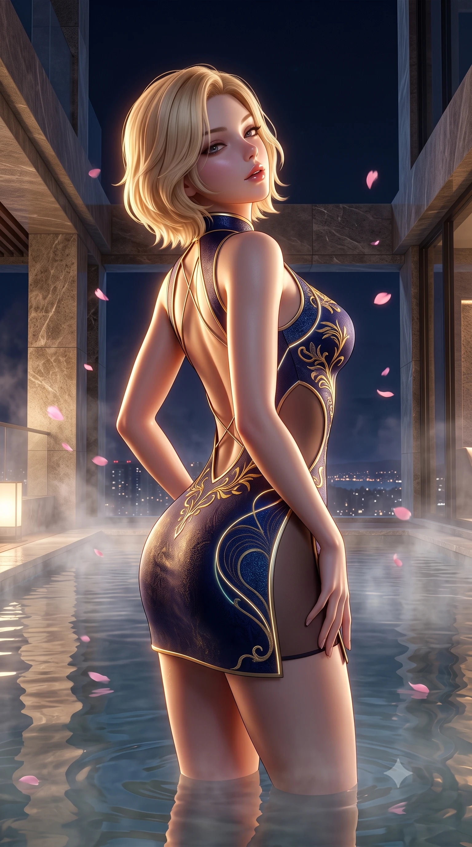 score_9, masterpiece, best quality, ultra-detailed, high-budget anime keyframe, semi-realistic 3D game render, editorial fashion photography, tasteful artistic composition, Caucasian woman. close-up cowboy shot from the waist and thighs up, the character dominates the composition, filling the frame with her large presence. arching her spine backward with effortless dancer poise, one hand sliding along her hip line as directional light carves specular highlights along her silhouette while wading through the thermal mineral pool beneath falling pink sakura petals, arching her spine in pure pleasure as steam curls around her waist. The surrounding environment is rendered in vivid detail and crisp panoramic clarity. atmospheric nocturnal thermal chiaroscuro and private mountain-view skylounge luxury in precision. She has an exceptionally elegant, slender, and willowy female figure with an ultra-slim waist, a gracefully sculpted slender torso, toned flat midriff, and rounded feminine hips creating an alluring hourglass silhouette. sharp v-shaped jawline, high-bridge nose, intricate jewel-like eyes with depth, thick eyelashes, glossy parted lips with a natural sheen, intensely captivating and seductive bedroom-eyes expression, flawlessly proportioned anatomical accuracy, strict slender model proportions, natural body alignment, perfectly sculpted long slender limbs, ultra-slim waistline, clean dynamic posture without body distortion. wearing a futuristic embroidered qipao mini dress with glowing fiber-optic seams and side cutouts in midnight indigo and glowing starlight gold, made of sheer contouring power-mesh panels with anatomical curve lines, finished with a dramatic open back framed by criss-cross delicate silk cords, the dramatically scooped open back descending to the base of her spine, accentuating her razor-sharp statuesque lines and curvy hourglass silhouette. surrounded by an intimate, tranquil, and deeply sensual Japanese skylounge muse aura. highly saturated vibrant anime colors, detailed shading with soft gradients, rich glossy textures, high-contrast stereoscopic depth, volumetric dynamic lighting, master piece, 9:16 ratio