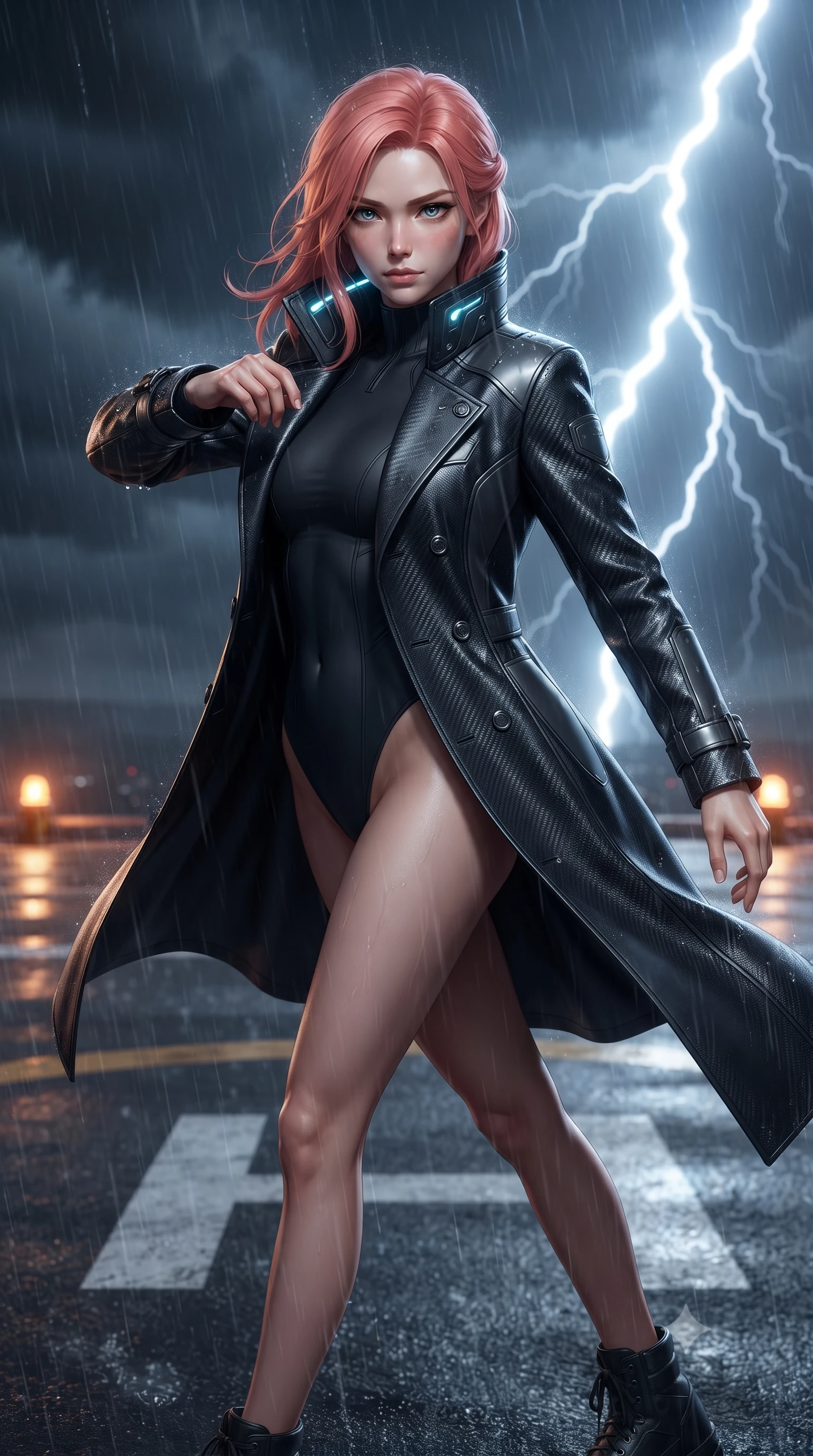 score_9, masterpiece, best quality, ultra-detailed, high-budget anime keyframe, editorial fashion photography, tasteful artistic composition, Japanese woman. close-up cowboy shot from the waist and thighs up, the character dominates the composition, filling the frame with her large presence. radiating intense magnetic charisma with jewel-like eyes locked onto the viewer, her upper body turning in a dynamic, fluid S-curve while pivoting dynamically as gale-force storm winds whip rain across the helipad markings, parrying an alarm sensor with poise. The composition keeps background elements in soft focus with creamy bokeh. helipad perimeter warning beacons and swirling storm rain sheets softened in cinematic shallow focus. She has an exceptionally elegant, slender, and willowy female figure with an ultra-slim waist, a gracefully sculpted slender torso, toned flat midriff, and a refined slim silhouette. sharp v-shaped jawline, high-bridge nose, intricate jewel-like eyes with depth, thick eyelashes, glossy lips with a natural sheen, captivating and magnetic expression, flawlessly proportioned anatomical accuracy, strict slender model proportions, natural body alignment, perfectly sculpted long slender limbs, ultra-slim waistline, clean dynamic posture without body distortion. wearing a matte-black aerodynamic stealth leotard worn under an open tailored double-breasted spy trench in deep battle-scarred carbon weave and dark chrome, crafted from matte cybernetic vinyl with concealed magnetic locks, featuring a high aerodynamic collar framed by subtle glowing cybernetic LEDs, the breezy yet form-flattering drape swaying gracefully with her steps, accentuating her long willowy limbs and slim waistline. bathed in blinding white storm lightning flash backlighting and warm amber perimeter beacon fill. ultra-reflective glossy finish, specular highlights, rich textural contrasts, high-contrast stereoscopic depth, volumetric dynamic lighting, 2k, ultra detail, master piece, 9:16 ratio