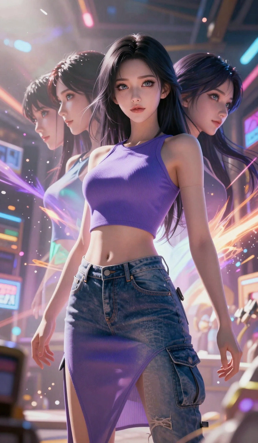 core_9, masterpiece, best quality, ultra-detailed, High-budget Anime Keyframe, beautiful Korean anime girl. Low angle cowboy shot filling the entire 9:16 frame with her overwhelming presence. Casting a powerful energy spell that creates a shockwave of colorful light in an ancient sunlit library. She has an absolutely perfect 8-heads proportion, an exceptionally tall and slender female figure with impossibly long slender legs and an ultra-slim waist. Sharp v-shaped jawline, high-bridge nose, intricate jewel-like eyes with depth, thick eyelashes, glossy lips with a natural sheen. Wearing a Urban Trendsetter outfit: amethyst ribbed bodycon dress, crop top with high-waist denim, sheer corset with cargo pants. Background is a bright and colorful environment with cinematic lighting, dynamic particle effects, and high-contrast shadows. 2k, ultra detail, master piece, 9:16 ratio
