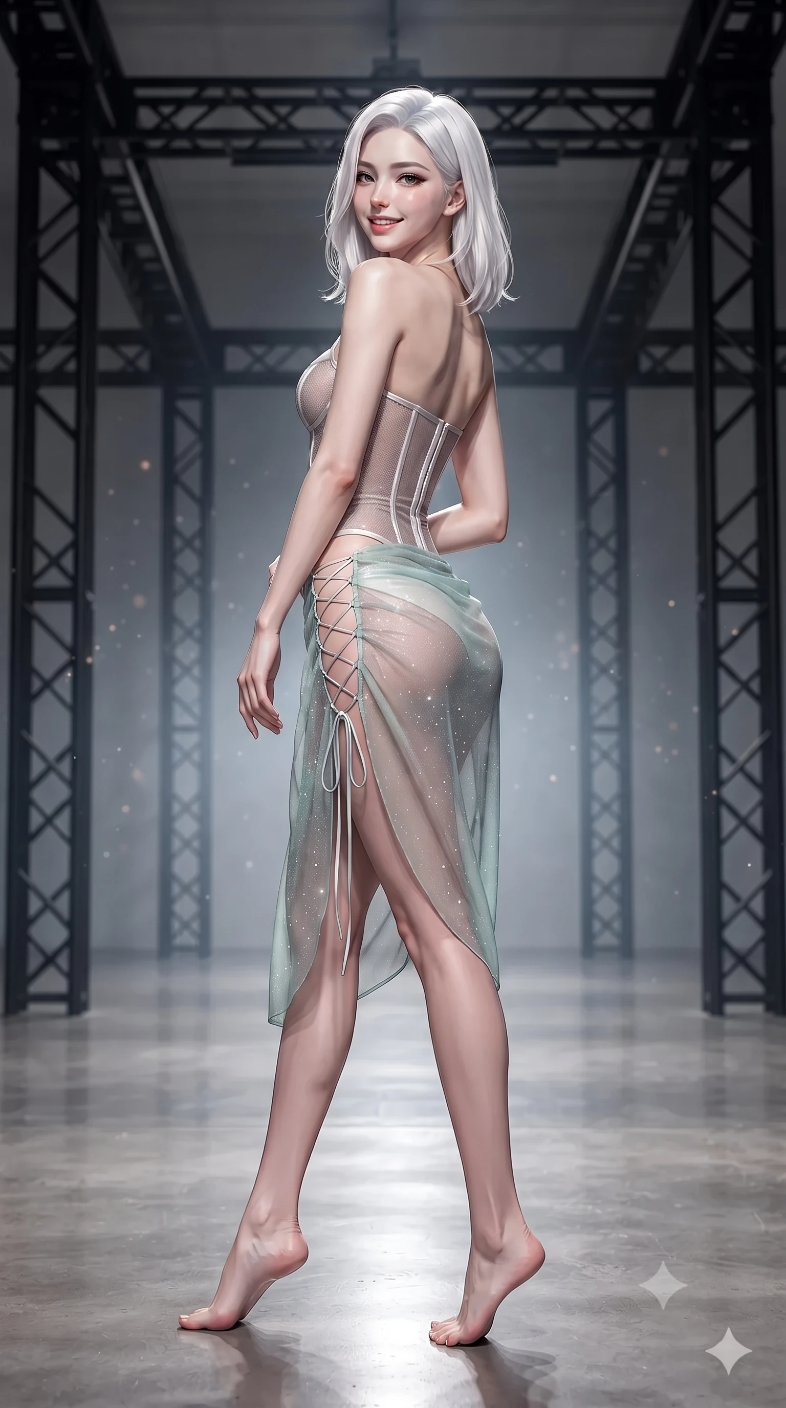 score_9, masterpiece, best quality, ultra-detailed, high-budget anime keyframe, editorial fashion photography, tasteful artistic composition, Korean woman. low angle full-body shot from head to toe showing her feet, filling the entire 9:16 vertical frame with her statuesque presence, stretching her vertical silhouette. walking along the terrace with poise, looking back over her bare shoulder with an irresistible smoldering bedroom-gaze while standing poised at the center of the mirror-finished concrete runway beneath exposed black steel trusses, arching her spine with commanding haute-couture charisma. The background shows a soft-focus laser haze particles softened in avant-garde fashion atelier shallow focus. She has an exceptionally tall and slender model-like 8.5-heads proportion, an ultra-slim waist, a flat toned midriff, narrow delicate ribcage, and beautifully sculpted feminine hips creating a graceful, slim hourglass silhouette without any bulky heaviness, with impossibly long slender legs. sharp v-shaped jawline, high-bridge nose, intricate jewel-like sparkling eyes with depth, thick eyelashes, glossy parted lips with a natural peach sheen, bright cheerful beaming smile with an enchanting and coquettish sensual glint, exuding both youthful cute charm and seductive allure, flawlessly proportioned anatomical accuracy, strict slender model proportions, natural body alignment, perfectly sculpted long slender limbs, ultra-slim waistline, clean dynamic posture without body distortion. wearing a provocative translucent mesh corset bodice with boned satin channels paired with a sheer chiffon wrap skirt in polar aurora jade and starlight platinum, woven from stretch metallic lurex jersey casting radiant starlight glints across her curves, featuring fine criss-cross lace-up side ties revealing tantalizing glimpses of her hip curve, the bespoke structured tailoring following the natural line of her 8.5-heads silhouette with refined elegance. illuminated by epoxy floor reflection bounce and sharp platinum rim lights sculpting her jawline, narrow waist, and curvy hips. ultra-reflective glossy finish, specular highlights, rich textural contrasts, high-contrast stereoscopic depth, volumetric dynamic lighting, 2k, ultra detail, master piece, 9:16 ratio
