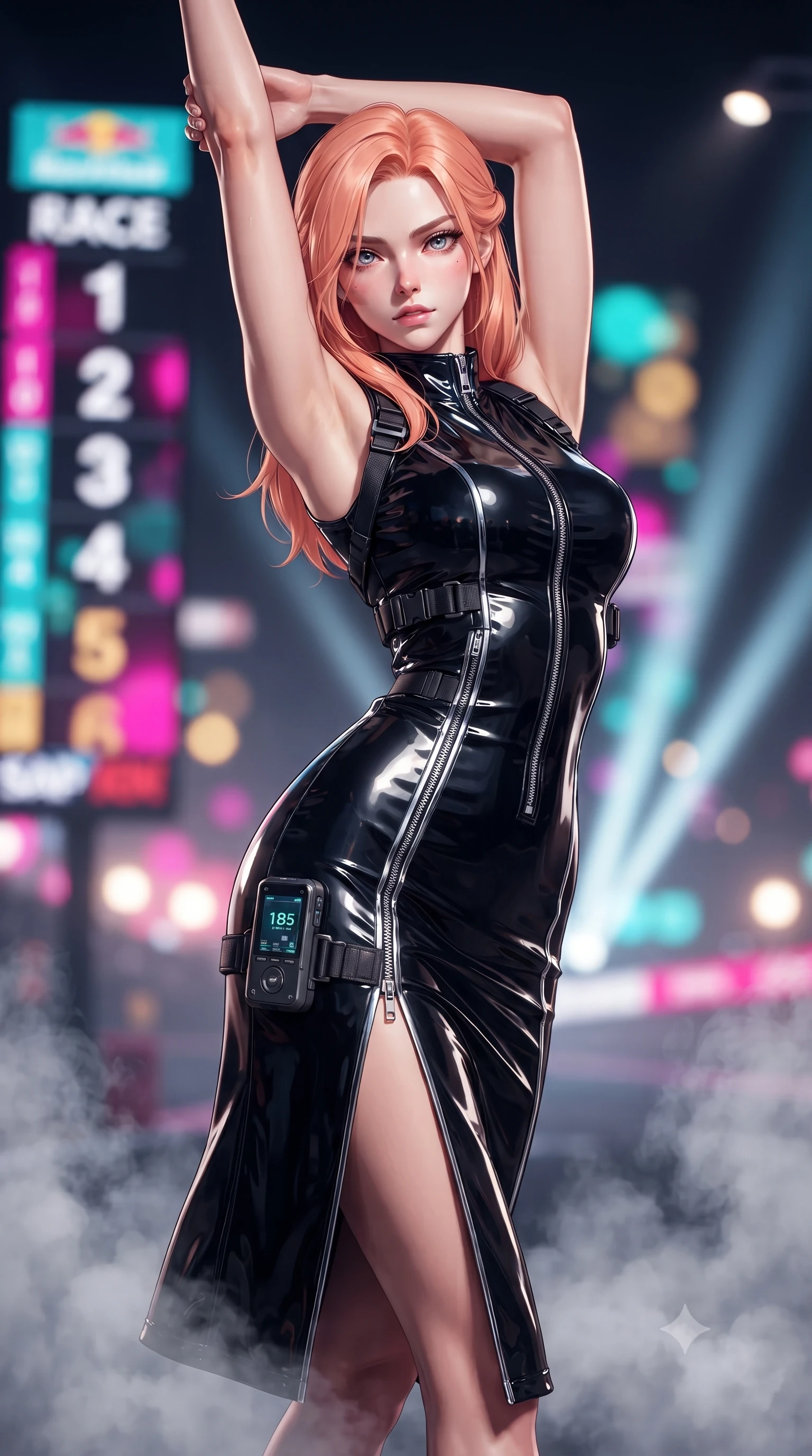 score_9, masterpiece, best quality, ultra-detailed, high-budget anime keyframe, editorial fashion photography, tasteful artistic composition, Japanese woman. close-up cowboy shot from the waist and thighs up, the character dominates the composition, filling the frame with her large presence. arching her back languidly with arms stretching overhead, highlighting her narrow waist and feminine silhouette in pure supermodel elegance while stepping forward with proud runway strides amidst rising tire smoke, her statuesque vertical presence commanding the frame. The composition keeps background elements in soft focus with creamy bokeh. giant LED jumbotron race countdown graphics and sweeping searchlights blurred into electric magenta, turquoise, and gold bokeh. She has an exceptionally elegant, slender, and willowy female figure with an ultra-slim waist, a gracefully sculpted slender torso, toned flat midriff, and a refined slim silhouette. sharp v-shaped jawline, high-bridge nose, intricate jewel-like eyes with depth, thick eyelashes, glossy parted lips with a natural sheen, intensely captivating and seductive expression, flawlessly proportioned anatomical accuracy, strict slender model proportions, natural body alignment, perfectly sculpted long slender limbs, ultra-slim waistline, clean dynamic posture without body distortion. wearing a form-contouring vinyl track dress with diagonal zipper detailing and an ultra-high side slit in pitch-black vinyl and specular chrome trim, tailored from high-gloss patent vinyl with sharp specular chiaroscuro, equipped with a sleek thigh-mounted telemetry display and tactical harness, the glove-like aerodynamic second-skin fit tightly clinging to her ultra-slender waist and athletic curves without adding bulk, accentuating her razor-sharp statuesque lines and slim hourglass silhouette. bathed in dynamic color-shifting LED race lights and sweeping white spotlight fill. ultra-reflective glossy finish, specular highlights, rich textural contrasts, high-contrast stereoscopic depth, volumetric dynamic lighting, 2k, ultra detail, master piece, 9:16 ratio