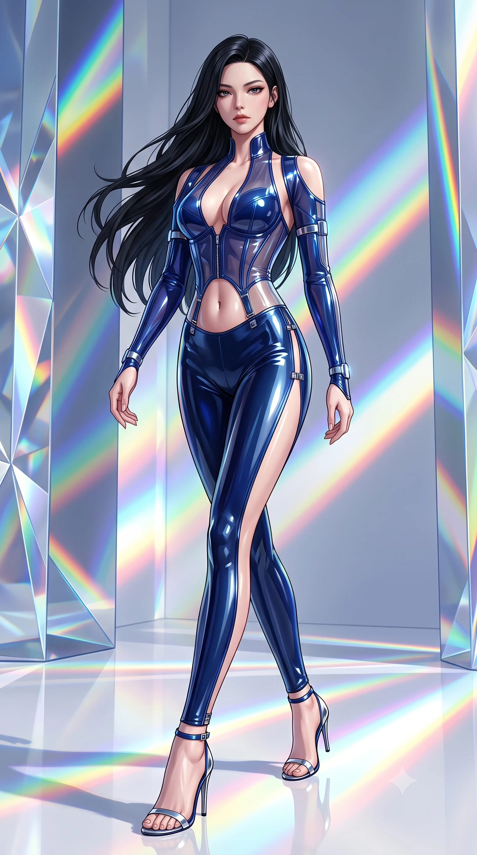score_9, masterpiece, best quality, ultra-detailed, high-budget anime keyframe, semi-realistic 3D game render, editorial fashion photography, tasteful artistic composition, Korean woman. low angle full-body shot from head to toe showing her feet, filling the entire 9:16 vertical frame with her statuesque presence, stretching her vertical silhouette. striding forward in a proud, statuesque motion with a dangerous smolder, her vertical silhouette dominating the frame from head to toe while pivoting dynamically on a white epoxy floor as vibrant spectrum light bands wrap around her slender figure. The surrounding environment is rendered in vivid detail and crisp panoramic clarity. razor-sharp optical crystal prism facets, distinct rainbow light band borders, and white gallery floor in deep focus. She has an absolutely perfect, statuesque 8.5-heads proportion, an exceptionally tall and slender model-like female figure with impossibly long slender legs, a toned flat midriff, and an ultra-slim waist. sharp v-shaped jawline, high-bridge nose, intricate jewel-like eyes with depth, thick eyelashes, glossy lips with a natural sheen, flawlessly proportioned anatomical accuracy, strict slender model proportions, natural body alignment, perfectly sculpted long slender limbs, ultra-slim waistline, clean dynamic posture without body distortion. wearing a translucent cybernetic corset in semi-opaque structured vinyl, combined with detached sleeves and a deep-plunging neckline secured by glowing micro-straps in deep royal navy blue and specular chrome, crafted from ultra-reflective second-skin latex with a high-gloss glass-like polish, finished with an ultra-high side slit secured by miniature magnetic clasps, the form-contouring material adhering flawlessly to her sculpted flat midriff and slender torso, emphasizing her long leg lines and perfectly proportioned willowy build. surrounded by a hyper-creative, radiant, and fiercely chic modern fashion editorial aura. highly saturated vibrant anime colors, detailed shading with soft gradients, rich glossy textures, high-contrast stereoscopic depth, volumetric dynamic lighting, master piece, 9:16 ratio