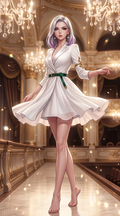 score_9, masterpiece, best quality, ultra-detailed, high-budget anime keyframe, semi-realistic 3D game render, editorial fashion photography, tasteful artistic composition, Caucasian woman. low angle full-body shot from head to toe showing her feet, 