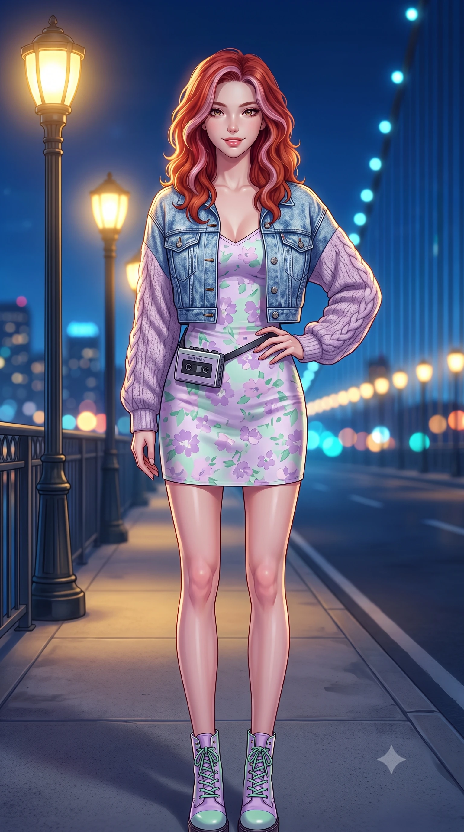 score_9, masterpiece, best quality, ultra-detailed, high-budget anime keyframe, semi-realistic 3D game render, editorial fashion photography, tasteful artistic composition, Caucasian woman. close-up cowboy shot from the waist and thighs up, the character dominates the composition, filling the frame with her large presence. smiling with subtle, enchanting allure and glossy parted lips, one hand resting on her waist with effortless supermodel poise while standing poised on the bridge sidewalk under glowing art-deco streetlamps as distant city lights twinkle across the bay. The composition keeps background elements in soft focus with creamy bokeh. distant city harbor skylines and suspension bridge cable lights blurred into soft sapphire, amber, and turquoise bokeh. She has an exceptionally elegant, slender, and willowy female figure with an ultra-slim waist, a gracefully sculpted slender torso, toned flat midriff, and a refined slim silhouette. sharp v-shaped jawline, high-bridge nose, intricate jewel-like eyes with depth, thick eyelashes, glossy lips with a natural sheen, captivating and magnetic expression, flawlessly proportioned anatomical accuracy, strict slender model proportions, natural body alignment, perfectly sculpted long slender limbs, ultra-slim waistline, clean dynamic posture without body distortion. wearing a classic cropped acid-wash denim jacket paired with a floral print slip dress and combat boots in pastel lilac and mint green, knitted from soft cozy lambswool yarn with cable-knit textures, accessorized with a vintage portable cassette Walkman clipped to her waistband, the liquid-tight tailored fabric emphasizing every curve of her tall, slender model proportions and sculptured silhouette during dynamic movement. bathed in warm yellow streetlamp illumination and cool blue midnight sky ambient fill. highly saturated vibrant anime colors, detailed shading with soft gradients, rich glossy textures, high-contrast stereoscopic depth, volumetric dynamic lighting, master piece, 9:16 ratio