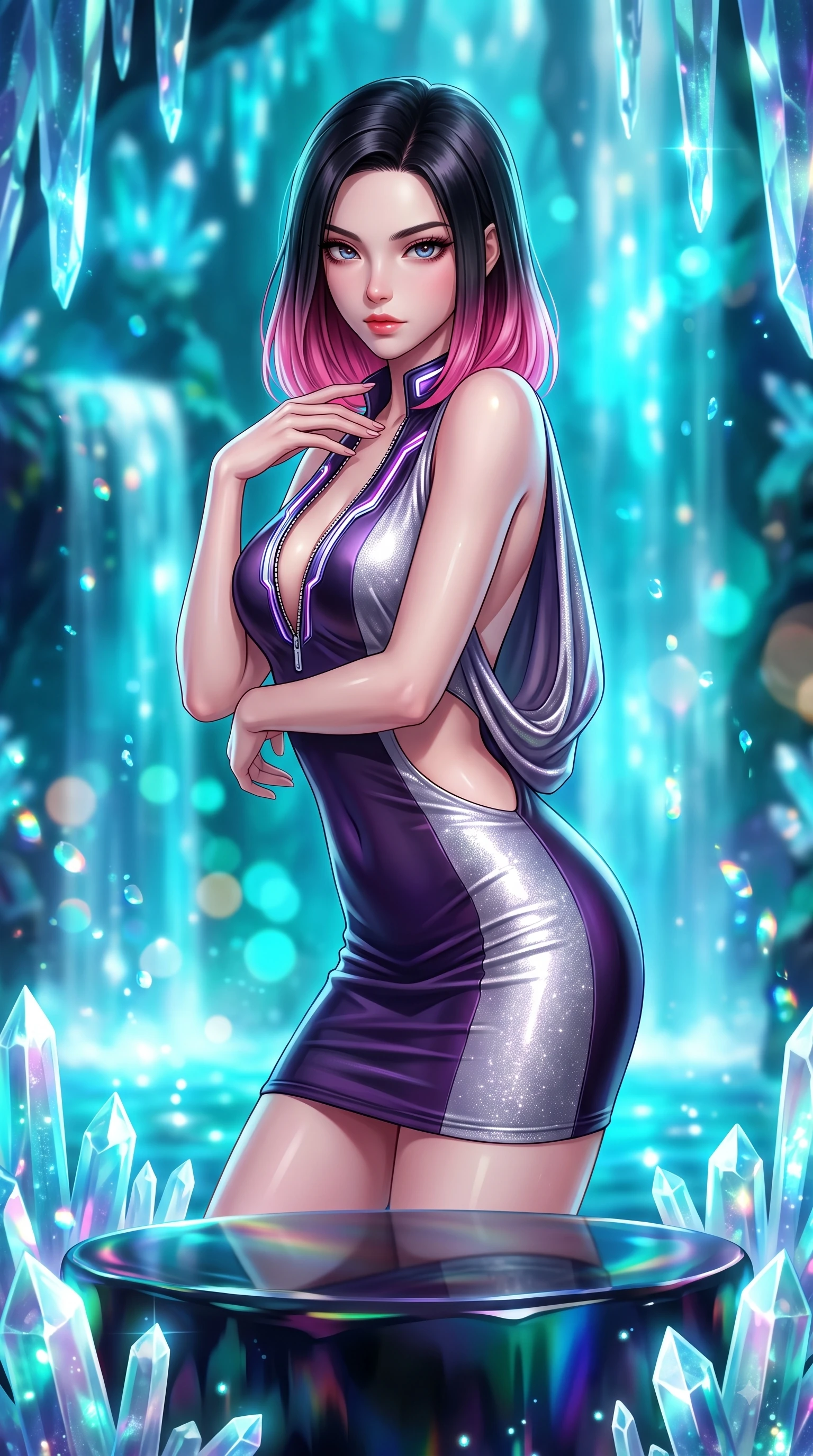 score_9, masterpiece, best quality, ultra-detailed, high-budget anime keyframe, semi-realistic 3D game render, editorial fashion photography, tasteful artistic composition, Korean woman. close-up cowboy shot from the waist and thighs up, the character dominates the composition, filling the frame with her large presence. leaning forward with a dangerous, enticing smolder, resting one hand near her collarbone while casting a fiery, magnetic direct gaze while pivoting dynamically on a polished obsidian pedestal surrounded by glowing crystal stalactites. The composition keeps background elements in soft focus with creamy bokeh. cascading glowing waterfalls and crystalline cavern walls blurred into rich turquoise bokeh. She has an exceptionally elegant, slender, and willowy female figure with an ultra-slim waist, a gracefully sculpted slender torso, and a refined silhouette. sharp v-shaped jawline, high-bridge nose, intricate jewel-like eyes with depth, thick eyelashes, glossy lips with a natural sheen, flawlessly proportioned anatomical accuracy, natural body alignment, perfectly sculpted elegant limbs, clean dynamic posture without body distortion. wearing a precision-fitted liquid jersey bodycon dress with a dramatic draped cowl back that swoops down to her waist in dark amethyst purple and shimmering starlight silver, made of liquid metal jersey that clings flawlessly to every contour of her build, featuring a dangerously unzipped neckline framed by glowing cybernetic accents, the daring cutouts accentuating her delicate midriff, graceful collarbones, and feminine contour. bathed in intense cyan and turquoise bioluminescent glow and glittering water refractions. highly saturated vibrant anime colors, detailed shading with soft gradients, rich glossy textures, high-contrast stereoscopic depth, volumetric dynamic lighting, master piece, 9:16 ratio
