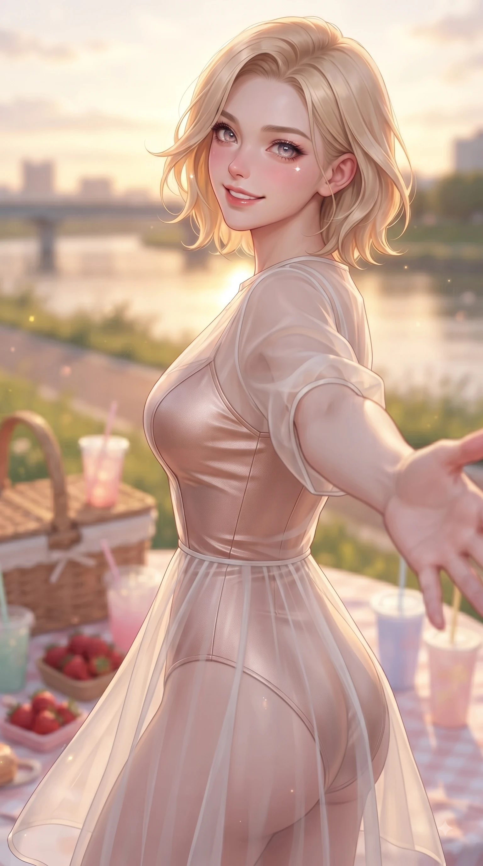 score_9, masterpiece, best quality, ultra-detailed, high-budget anime keyframe, editorial fashion photography, tasteful artistic composition, Caucasian woman. close-up cowboy shot from the waist and thighs up, the character dominates the composition, filling the frame with her large presence, background elements kept in soft focus. Fresh enchanting smile, her eyes twinkling like jewels in the bright sunlight as one arm reaches out cheerfully while pivoting in a happy stride along a riverside cycling path as golden sunset light paints the sky, picnic baskets, fresh strawberries, and pastel drinks adding a sweet girlhood charm. She has an exceptionally elegant, slender, and willowy female figure with an ultra-slim waist, a gracefully sculpted slender torso, and a refined silhouette. sharp v-shaped jawline, high-bridge nose, intricate jewel-like eyes with depth, thick eyelashes, glossy lips with a natural sheen, flawlessly proportioned anatomical accuracy, natural body alignment, perfectly sculpted elegant limbs, clean dynamic posture without body distortion. wearing a semi-opaque sheer overlay dress over a leather micro-bodysuit in pearl white and rose gold, tailored from high-gloss patent leather, accented with a Tasteful chest slit framing her clavicle gracefully, the tailored fabric tightly following every curve of her athletic build. illuminated by soft glowing sunset reflections with cheerful golden rim lights. ultra-reflective glossy finish, specular highlights, metallic sheen, high-contrast stereoscopic depth, volumetric dynamic lighting, 2k, ultra detail, master piece, 9:16 ratio