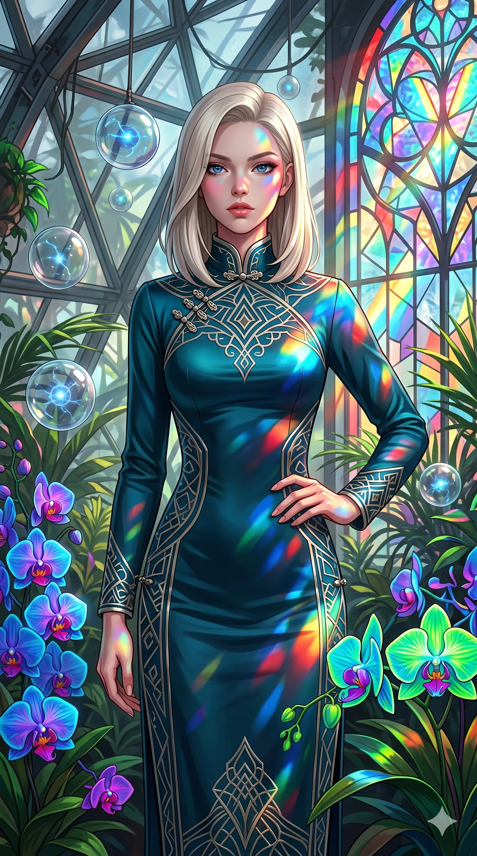 score_9, masterpiece, best quality, ultra-detailed, high-budget anime keyframe, editorial fashion photography, tasteful artistic composition, Caucasian woman, strictly human ears. cowboy shot from the thighs up, character and outfit filling the frame for maximum editorial presence. standing among tropical neon orchids, looking at the viewer with an air of superiority inside a retro-futuristic greenhouse with levitating glass spheres (Code-P17-054). She has an absolutely perfect 8-heads proportion, an exceptionally tall and slender female figure with impossibly long slender legs and an ultra-slim waist. V-shaped jawline, high-bridge nose, intricate jewel-like eyes with depth, thick eyelashes, glossy lips with a natural sheen. wearing a high-neck silk cheongsam with long sleeves. prismatic rainbow light refracting through the stained-glass window, coloring her skin. 2k, ultra detail, master piece, 9:16 ratio