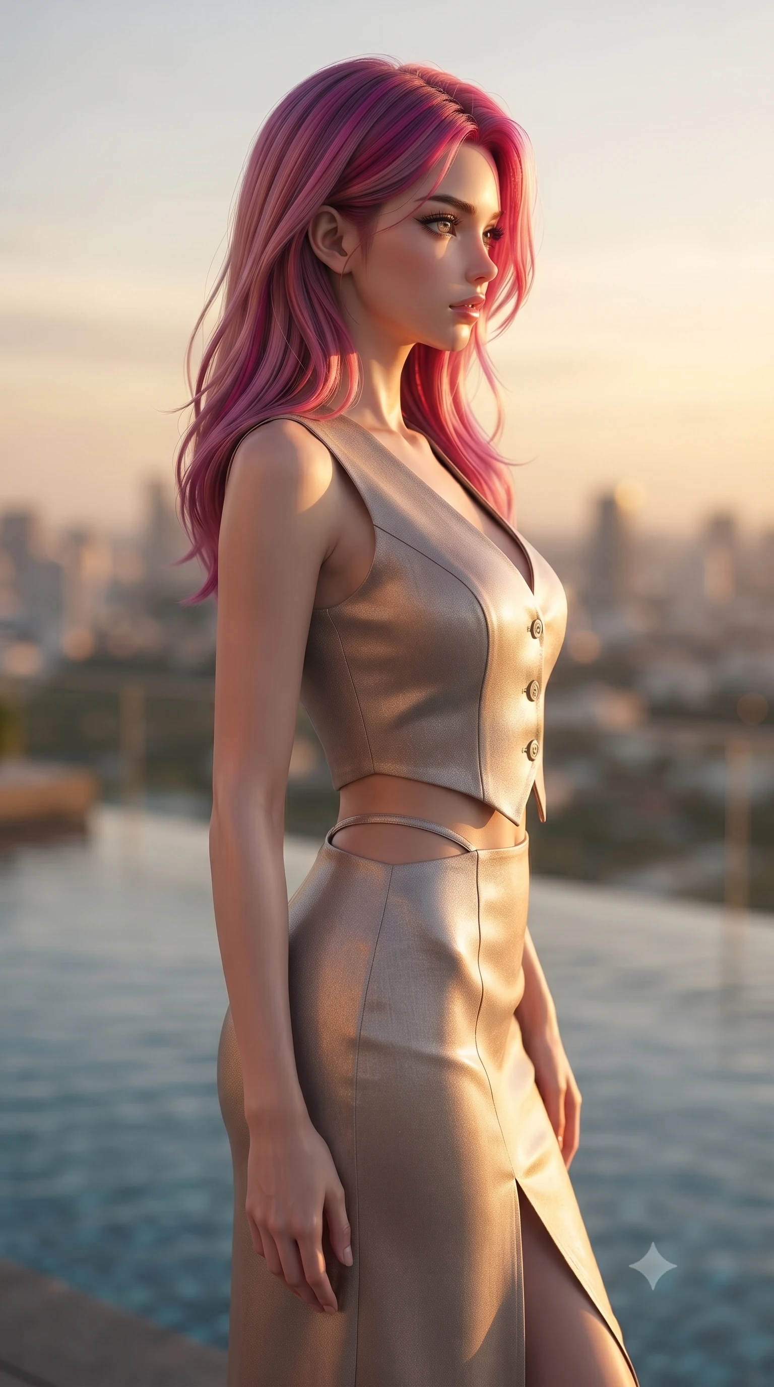 score_9, masterpiece, best quality, ultra-detailed, high-budget anime keyframe, editorial fashion photography, tasteful artistic composition, Caucasian woman. close-up cowboy shot from the waist and thighs up, the character dominates the composition, filling the frame with her large presence, background elements kept in soft focus. turning her face in sharp profile, casting a cold, mysterious, yet intensely alluring side gaze, the background shows a soft-focus an exclusive rooftop infinity pool terrace facing a sunset city skyline. She has an exceptionally elegant, slender, and willowy female figure with an ultra-slim waist, a gracefully sculpted slender torso, and a refined silhouette. sharp v-shaped jawline, high-bridge nose, intricate jewel-like eyes with depth, thick eyelashes, glossy lips with a natural sheen. wearing a form-contouring tailored vacation outfit of a linen crop vest and a matching side-slit midi skirt, revealing a subtle waist cutout. golden hour sunset glow painting her silhouette in a warm, romantic wash. ultra-reflective glossy finish, specular highlights, metallic sheen, high-contrast stereoscopic depth, volumetric dynamic lighting, 2k, ultra detail, master piece, 9:16 ratio