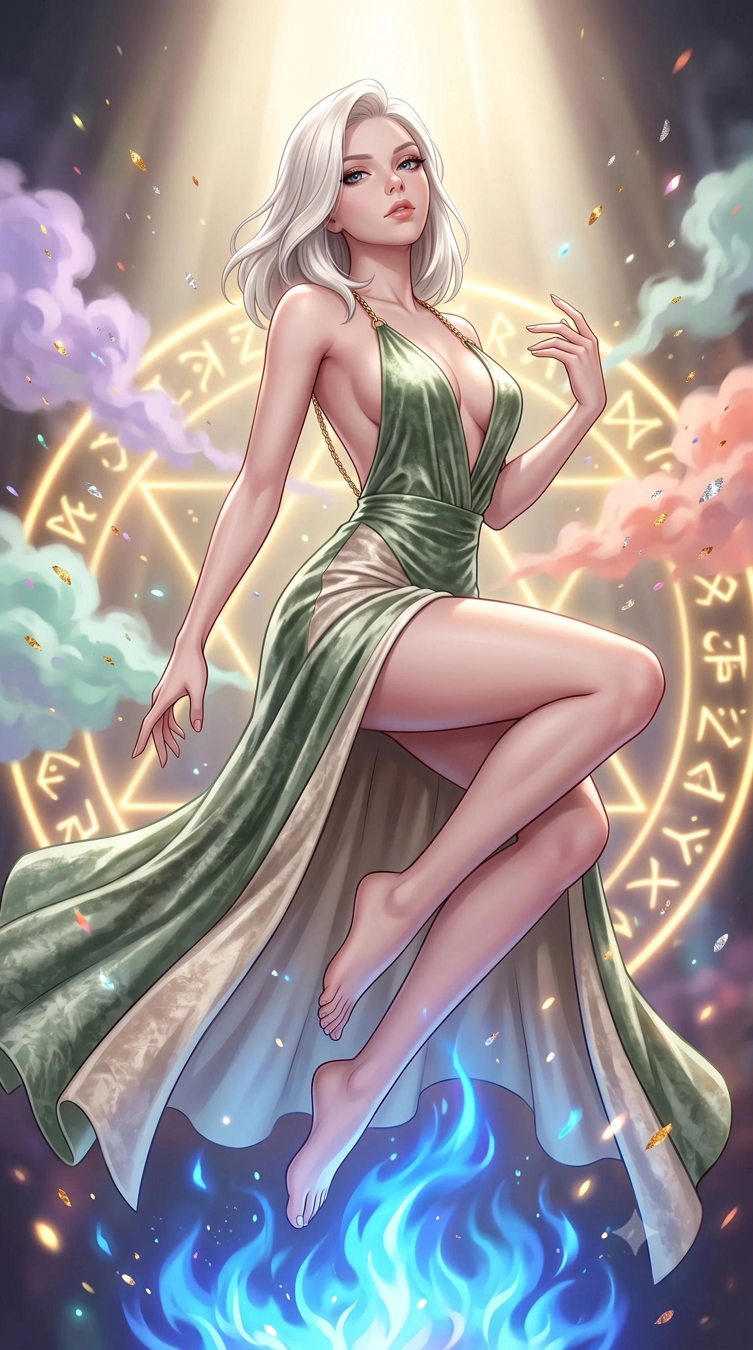 score_9, masterpiece, best quality, ultra-detailed, high-budget anime keyframe, editorial fashion photography, tasteful artistic composition, Caucasian woman. close-up cowboy shot from the waist and thighs up, the character dominates the composition, filling the frame with her large presence, background elements kept in soft focus. Tilting her chin up with an air of effortless superiority while balancing dynamically amidst the scene while floating gracefully above a sapphire alchemy flame with her torso tilted dynamically, pastel-colored steam clouds scattering bright metallic highlights. She has an exceptionally elegant, slender, and willowy female figure with an ultra-slim waist, a gracefully sculpted slender torso, and a refined silhouette. sharp v-shaped jawline, high-bridge nose, intricate jewel-like eyes with depth, thick eyelashes, glossy lips with a natural sheen, flawlessly proportioned anatomical accuracy, natural body alignment, perfectly sculpted elegant limbs, clean dynamic posture without body distortion. wearing a backless crushed velvet gown with a deep V-neckline and high thigh slit in sage green and oatmeal, made of premium stretch velvet with a rich sheen, adorned with delicate metallic chain straps along the neckline, the form-contouring material highlighting her ultra-slim waist and long lines. illuminated by golden alchemy rune radiance and dramatic top key light. highly saturated vibrant anime colors, detailed shading with soft gradients, rich glossy textures, high-contrast stereoscopic depth, volumetric dynamic lighting, master piece, 9:16 ratio
