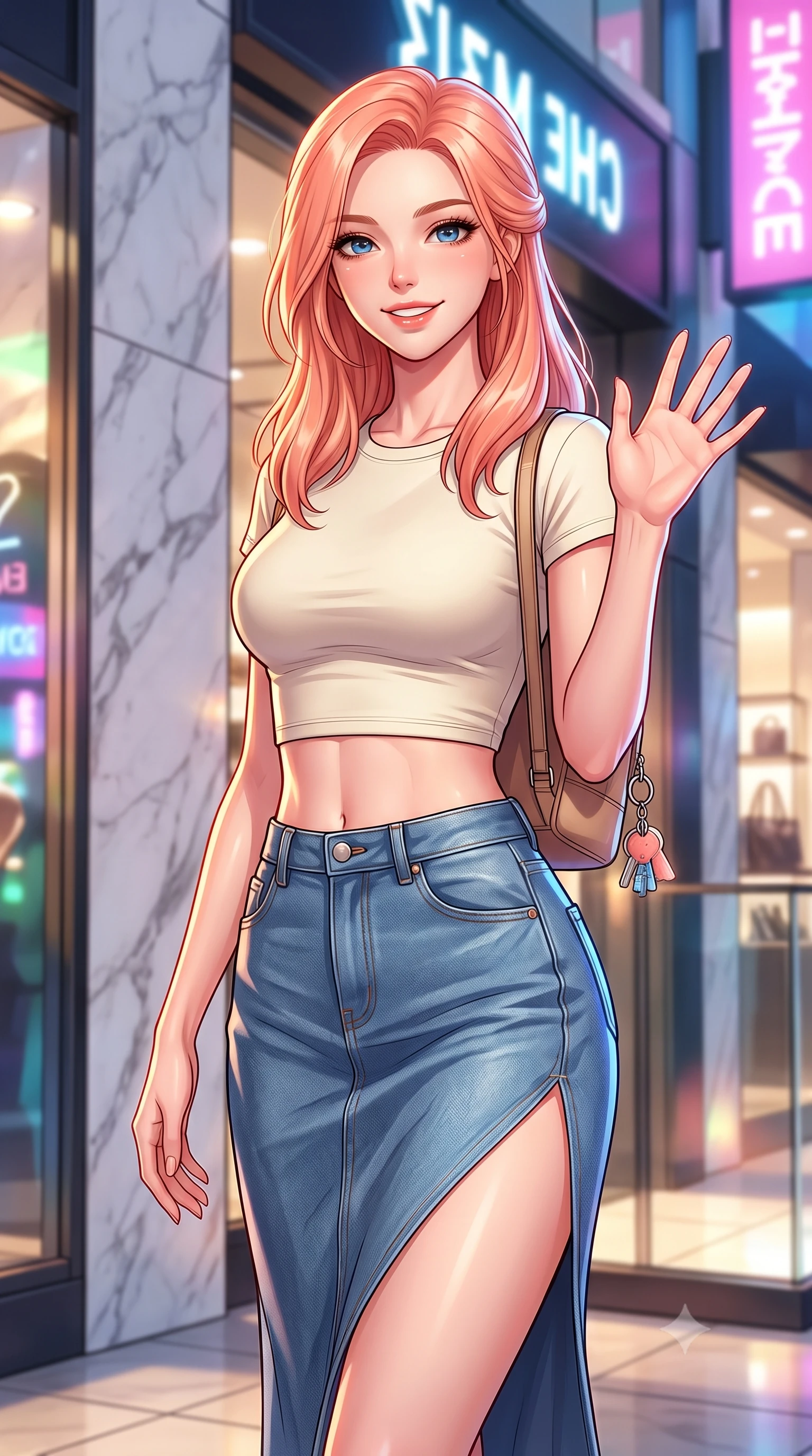score_9, masterpiece, best quality, ultra-detailed, high-budget anime keyframe, editorial fashion photography, tasteful artistic composition, Japanese woman. close-up cowboy shot from the waist and thighs up, the character dominates the composition, filling the frame with her large presence, background elements kept in soft focus. flashing a sweet, beaming smile while waving one hand gently toward the camera set against a soft-focus background of near a chic department store entrance with marble walls and glass displays holding a cute key ring attached to her small backpack. She has an exceptionally elegant, slender, and willowy female figure with an ultra-slim waist, a gracefully sculpted slender torso, and a refined silhouette. sharp v-shaped jawline, high-bridge nose, intricate jewel-like eyes with depth, thick eyelashes, glossy lips with a natural sheen. wearing tailored modern crop top tee in cream, paired with a high-slit denim midi skirt. vibrant streetlights and store signs casting dynamic highlights on her form. highly saturated vibrant anime colors, detailed shading with soft gradients, rich glossy textures, high-contrast stereoscopic depth, volumetric dynamic lighting, master piece, 9:16 ratio