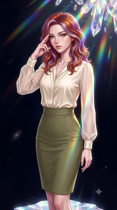 score_9, masterpiece, best quality, ultra-detailed, high-budget anime keyframe, editorial fashion photography, tasteful artistic composition, Caucasian woman, strictly human ears. close-up cowboy shot from the waist and thighs up, the character domin