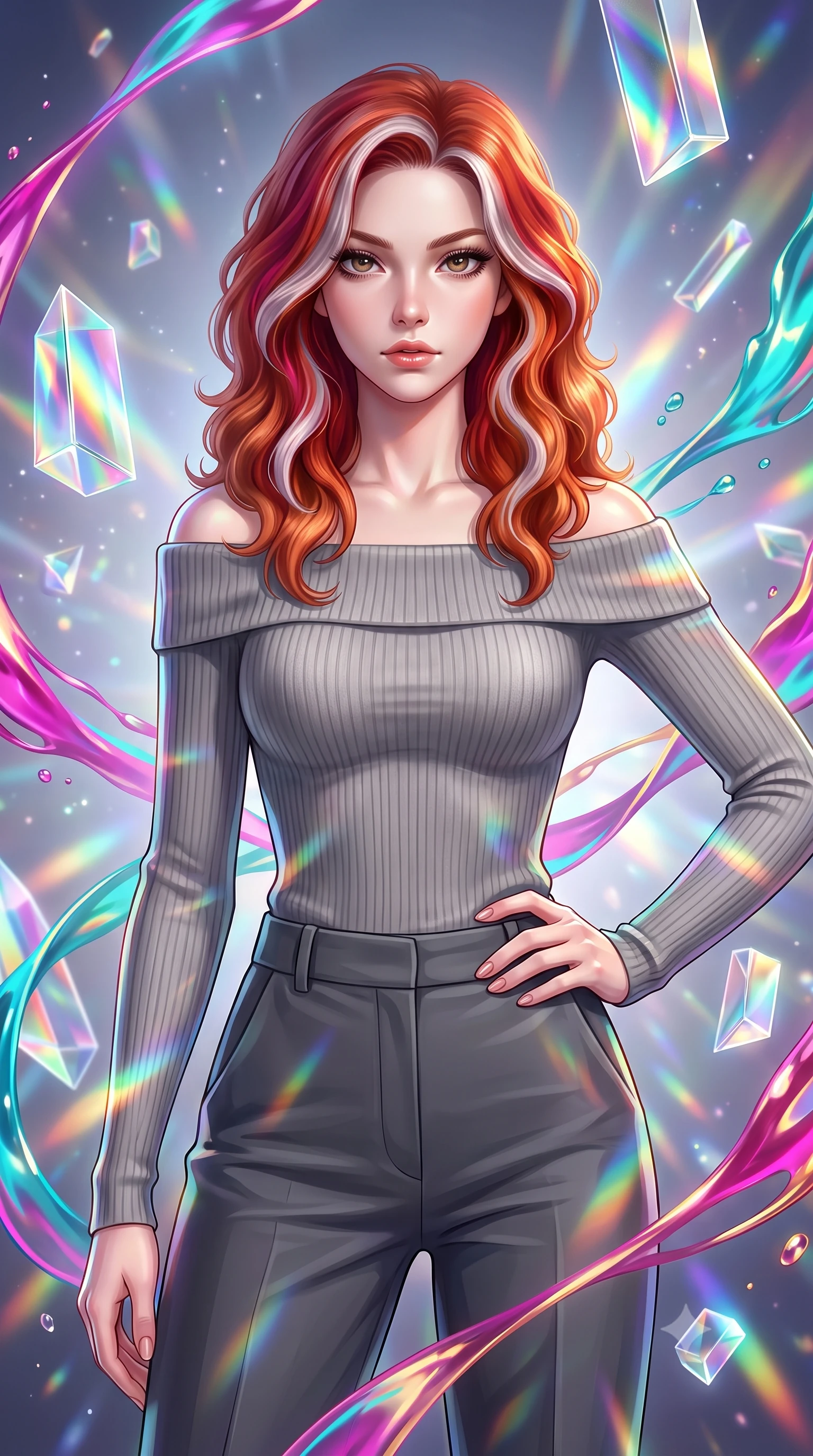 score_9, masterpiece, best quality, ultra-detailed, high-budget anime keyframe, editorial fashion photography, tasteful artistic composition, Caucasian woman. close-up cowboy shot from the waist and thighs up, the character dominates the composition, filling the frame with her large presence, background elements kept in soft focus. Holding a confident power pose with one hand on her hip, gazing directly into the camera with quiet intensity interacting with floating glass prisms that refract liquid light into rainbows, swirling ribbons of magenta, turquoise, and gold liquid paint in zero-gravity. She has an exceptionally elegant, slender, and willowy female figure with an ultra-slim waist, a gracefully sculpted slender torso, and a refined silhouette. sharp v-shaped jawline, high-bridge nose, intricate jewel-like eyes with depth, thick eyelashes, glossy lips with a natural sheen. wearing a sleek off-shoulder ribbed cashmere knit top paired with high-waist tailored pants, the glove-like fit emphasizing her statuesque silhouette. drenched in bright white key light with colorful prismatic rim lighting. highly saturated vibrant anime colors, detailed shading with soft gradients, rich glossy textures, high-contrast stereoscopic depth, volumetric dynamic lighting, master piece, 9:16 ratio