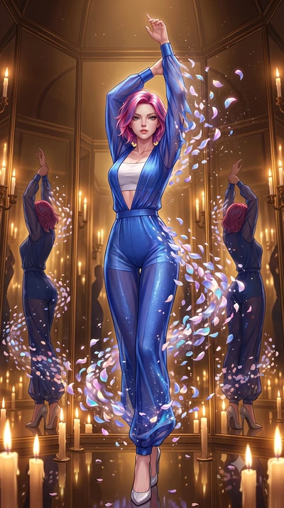 score_9, masterpiece, best quality, ultra-detailed, High-budget Anime Keyframe, Caucasian woman, strictly human ears. Dynamic full-body shot stretching the vertical silhouette to the limit. Scenario 421: dissolving into a cloud of iridescent silk pet